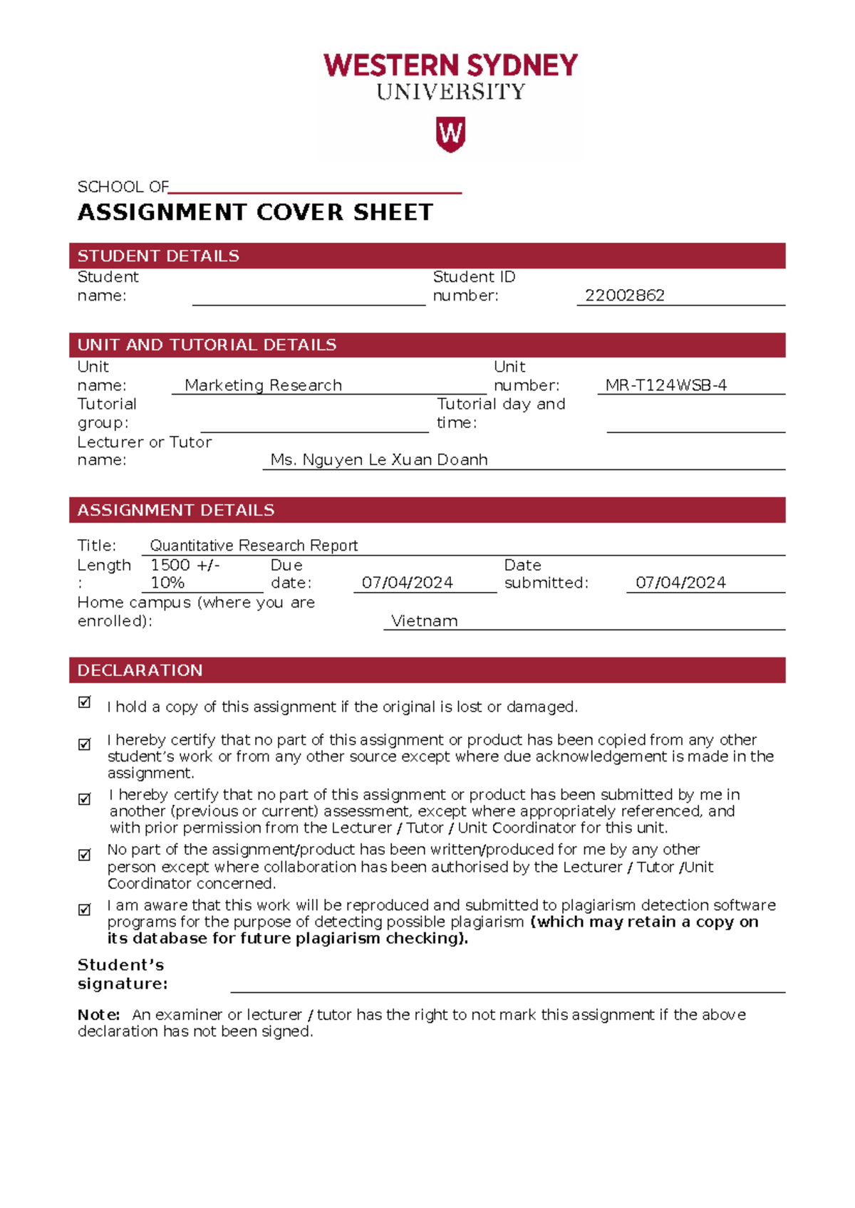 MR-T124WSB Individual Assignment Cover Sheet: Quantitative Research ...