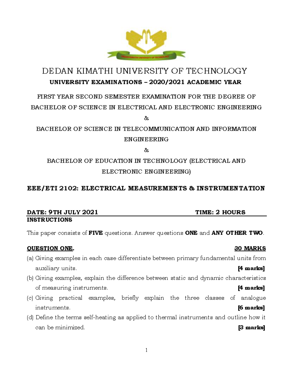 EEE 2102: Final Exam on Electrical Measurements & Instrumentation - Studocu