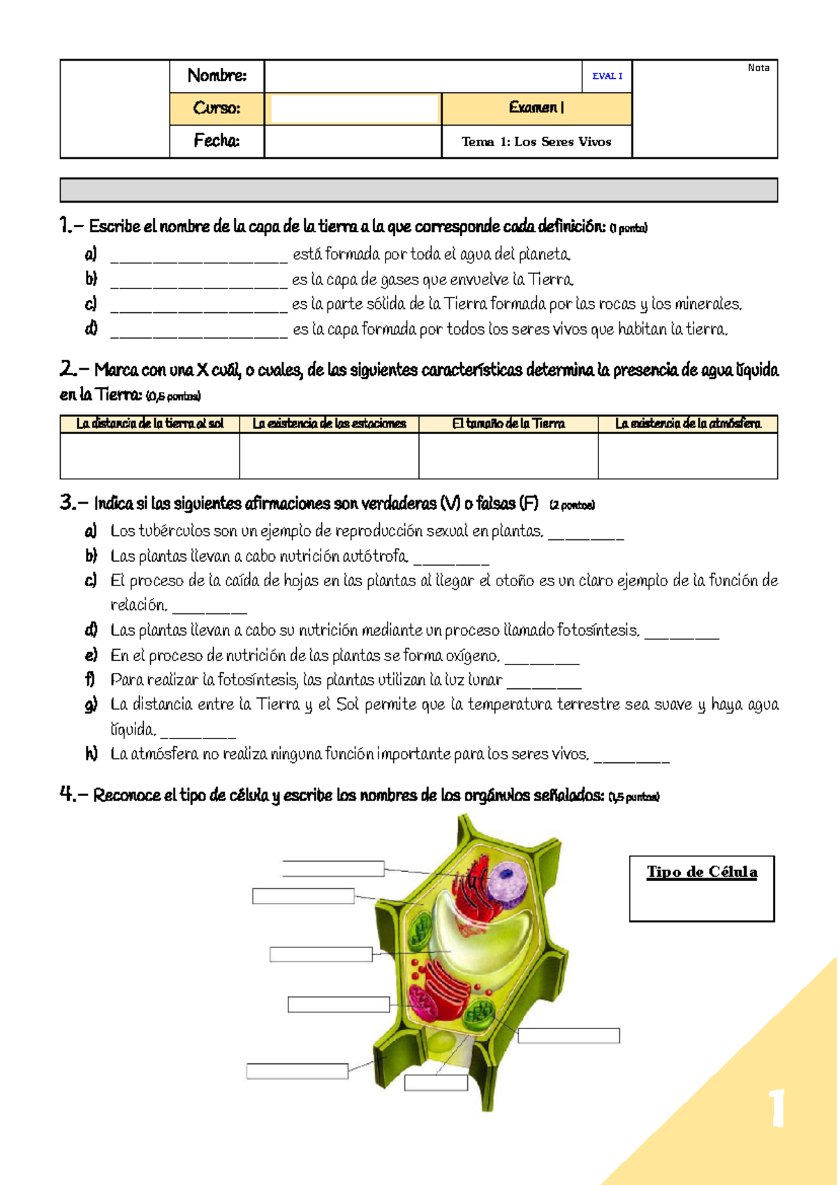 Examen 1 Biología y Geología 1º ESO: Los Seres Vivos y Células - Document Preview