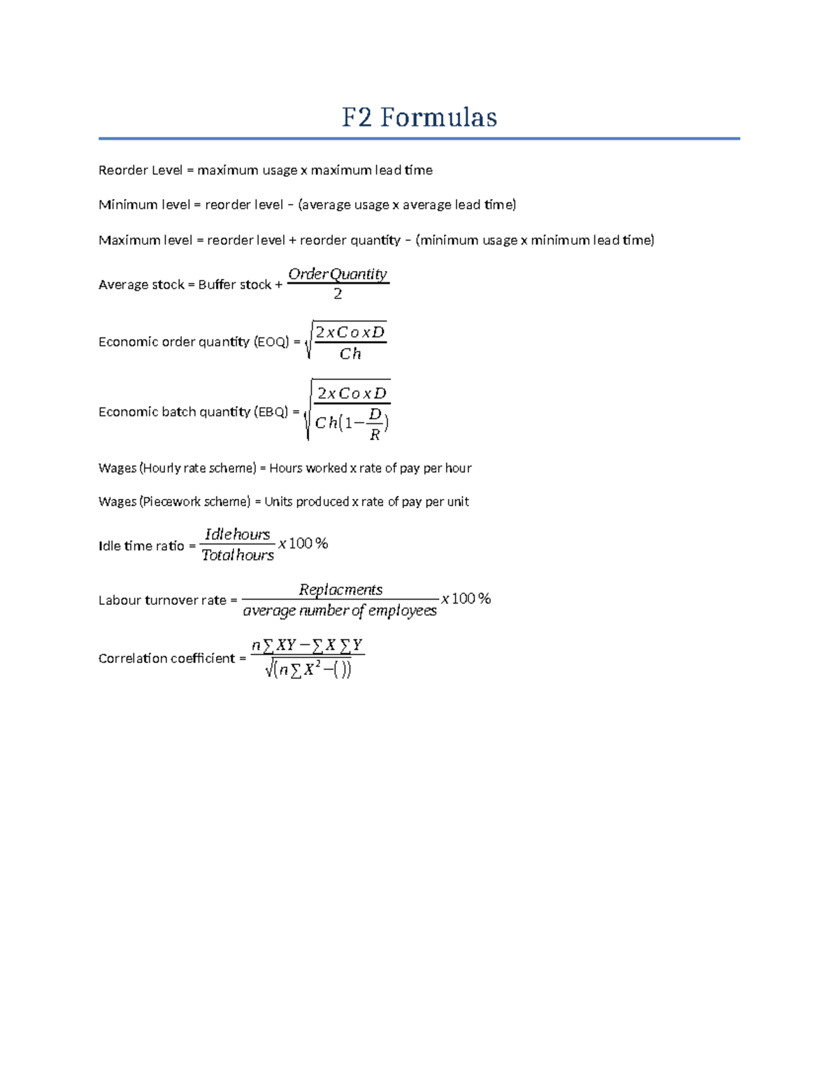 ACCA F2 Key Formulas for Reorder Levels and Wages Calculation - Studocu