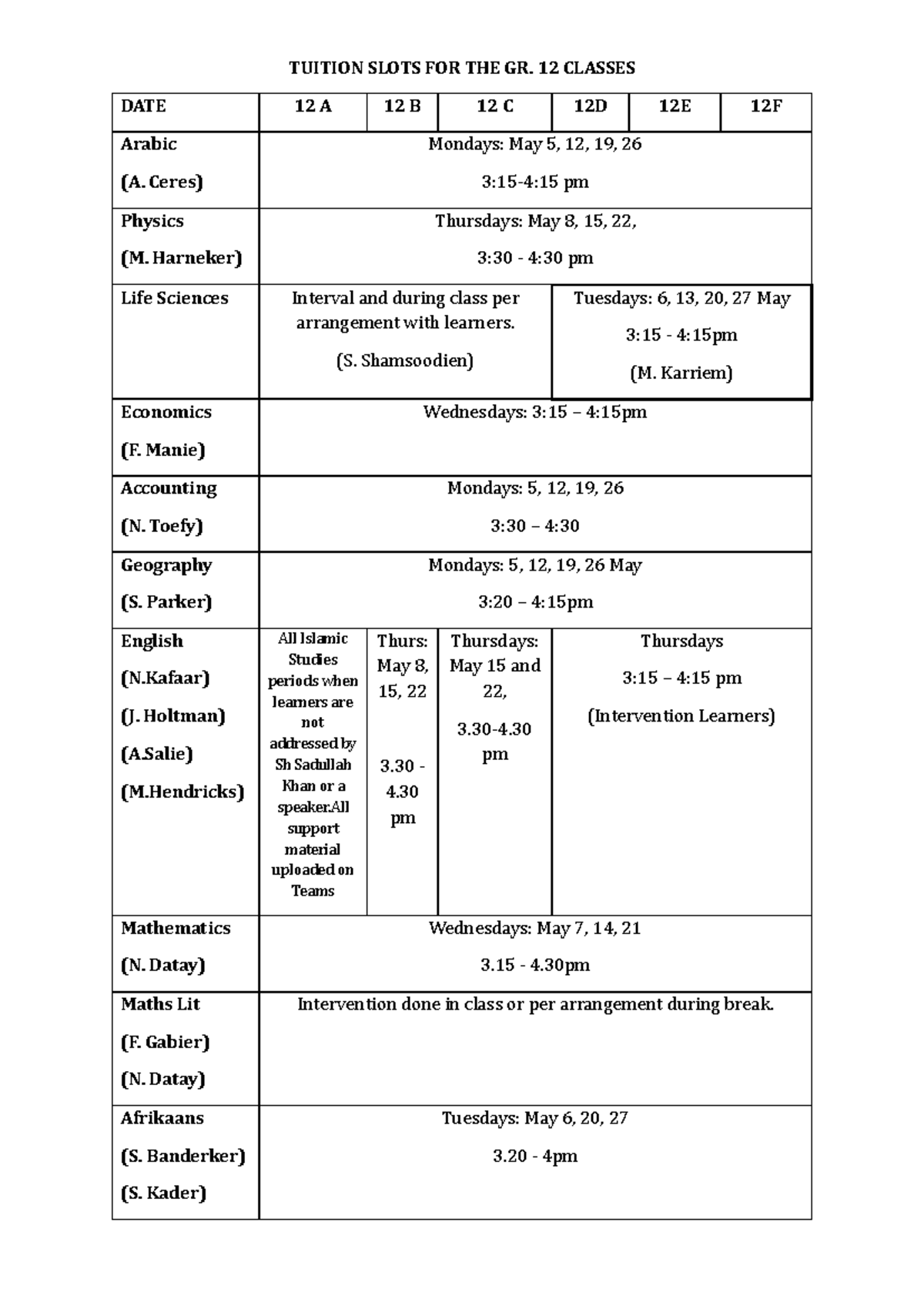 Tuition Slots for Gr. 12 Classes - May Schedule and Details - Studocu