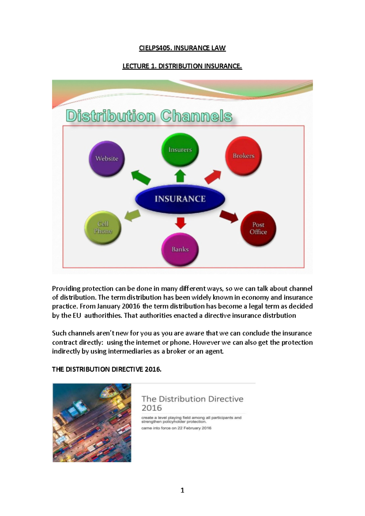 CIELPS405: Lecture 1 on Insurance Distribution Law - Studocu