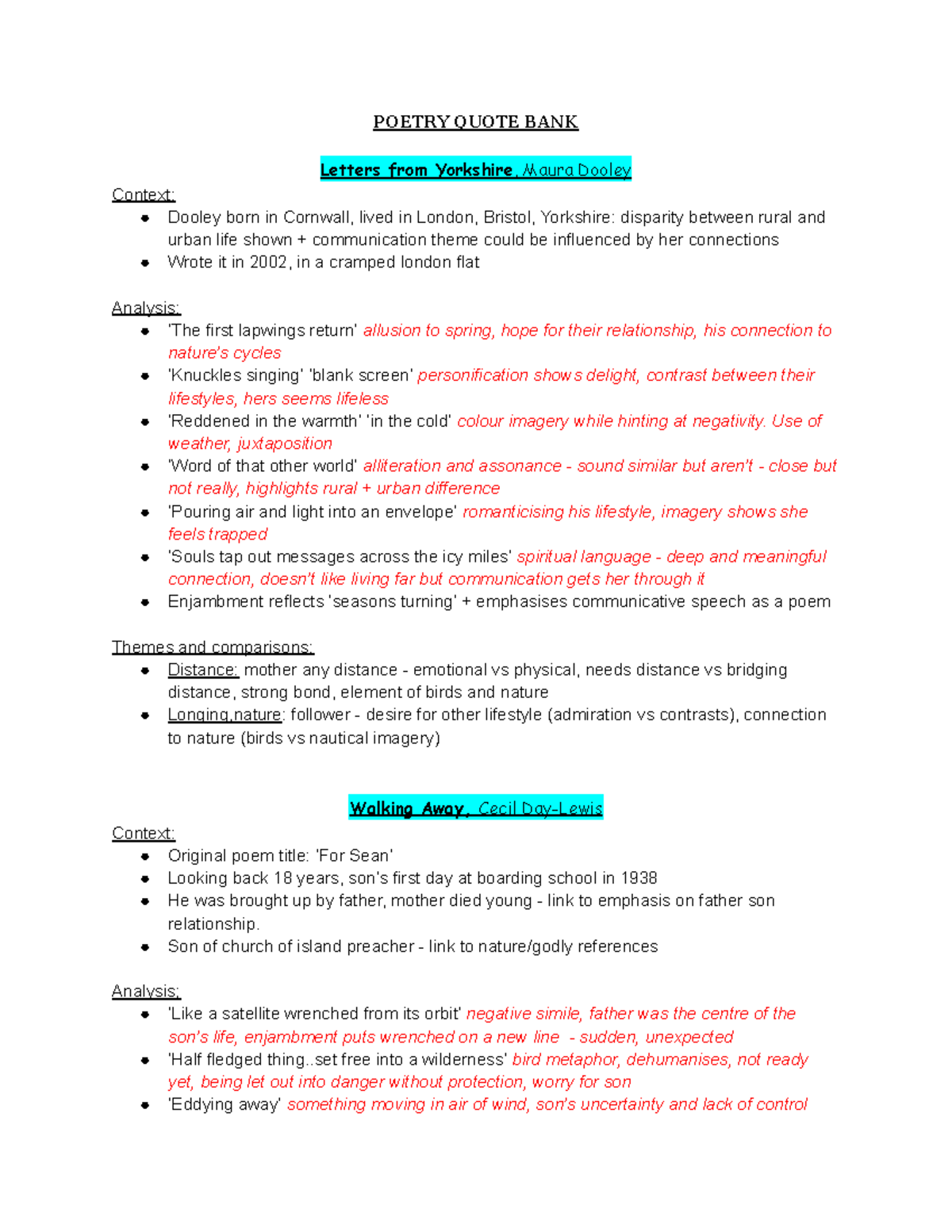 Poetry Analysis Notes for A-Level English (ENGL301) - Studocu