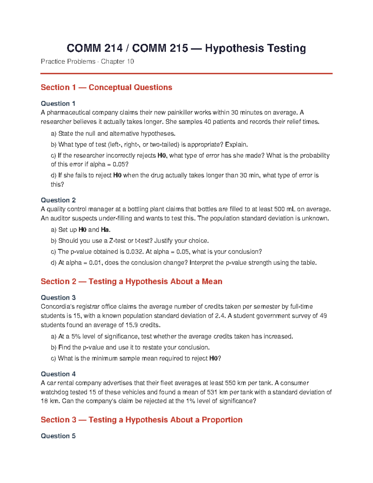 COMM 214 COMM 215 Hypothesis Testing Practice Problems - Chapter 10 ...