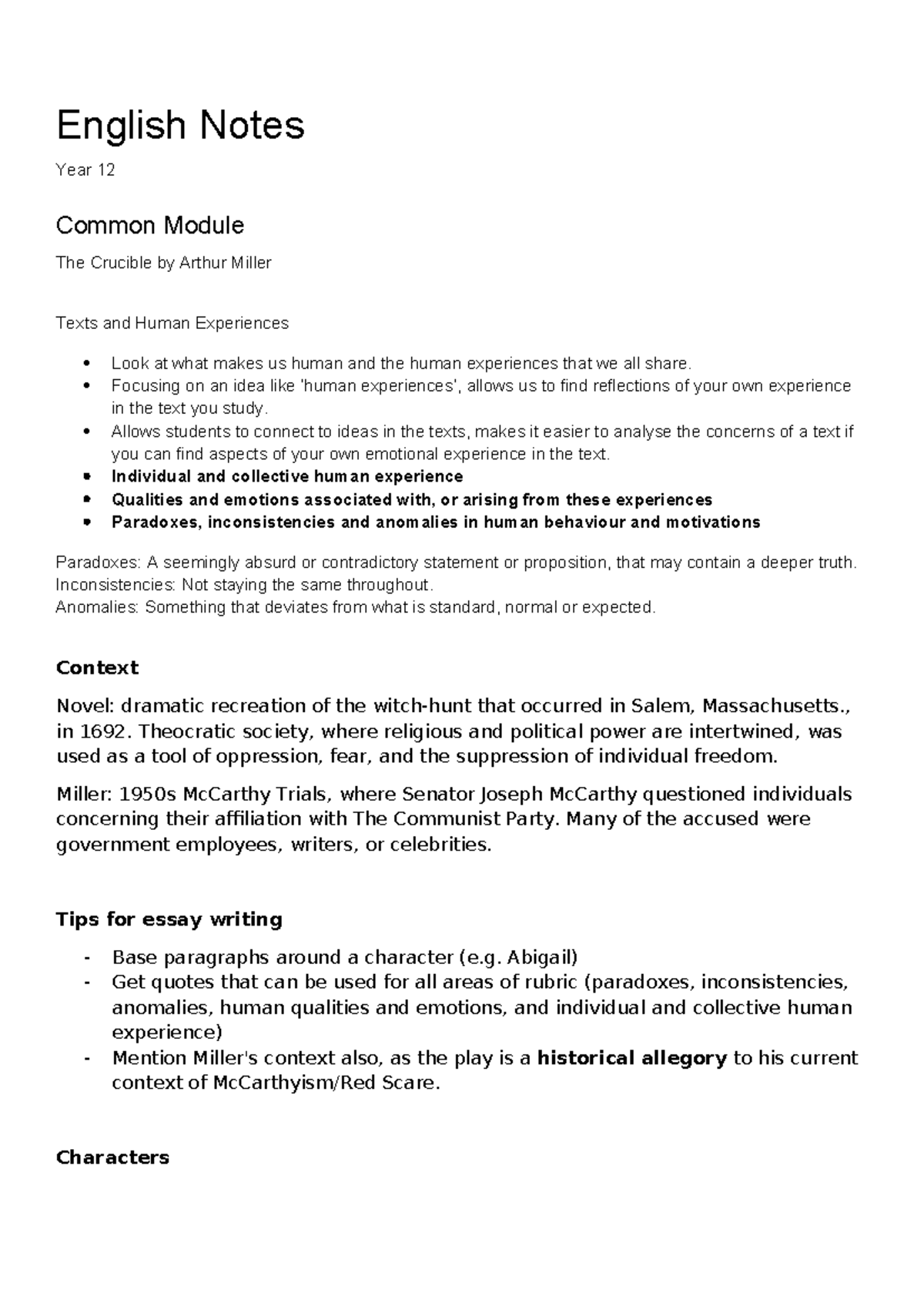 English Notes Year 12 Common Module: The Crucible Analysis - Studocu