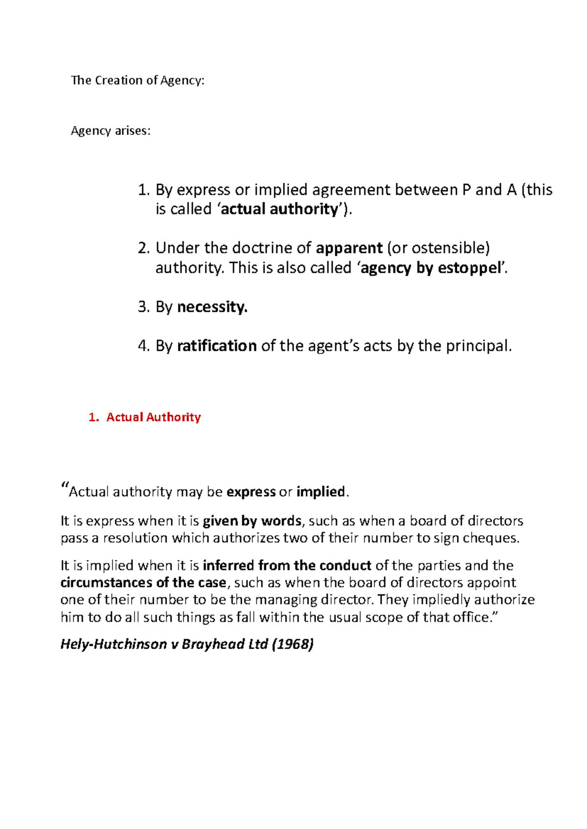Business Law Notes 1.2 pdf - The Creation of Agency: Agency arises: 1 ...