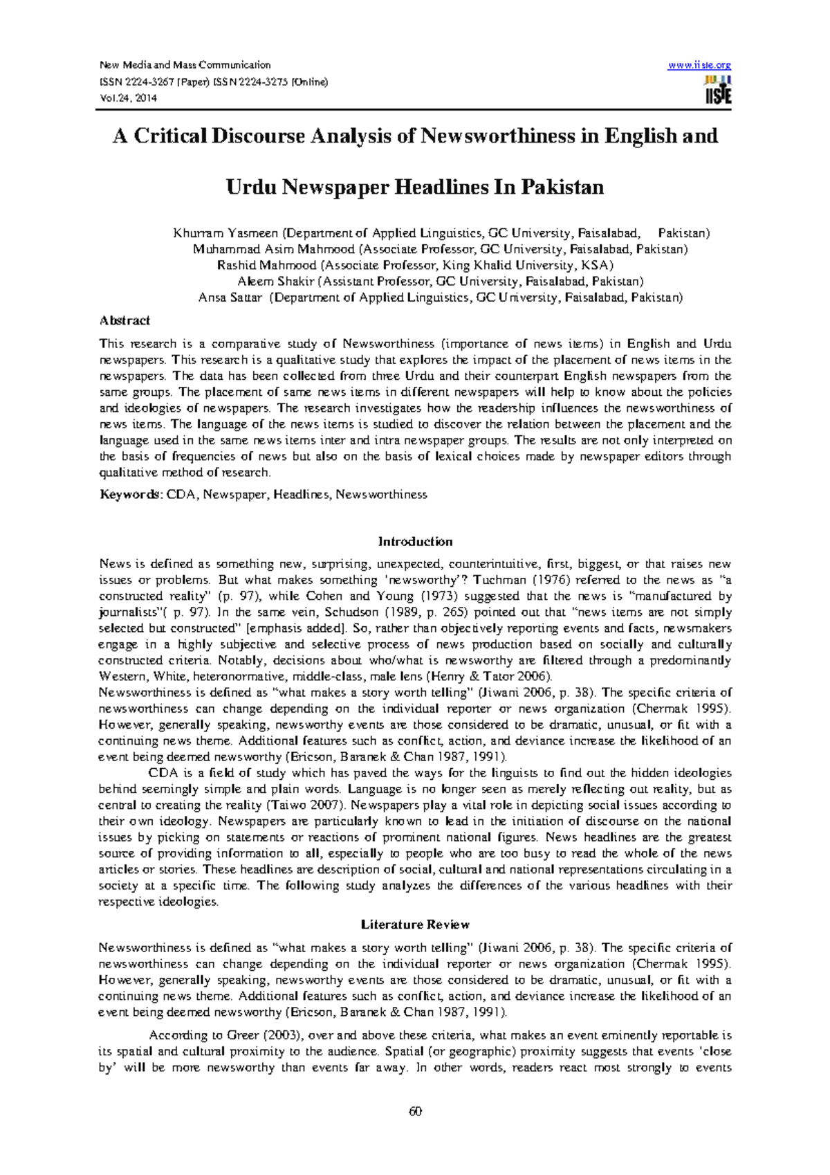 A Critical Discourse Analysis of Newsworthiness in Pakistani Newspapers ...