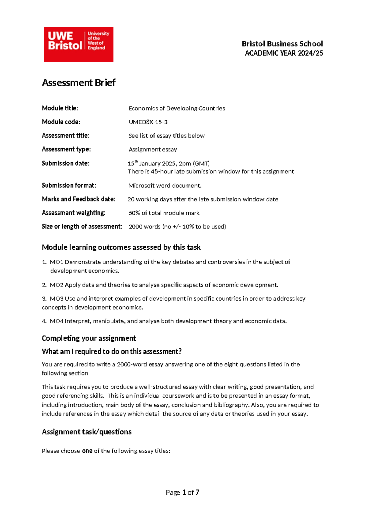 EDC Assessment brief 2024-25 Draft - Bristol Business School ACADEMIC ...