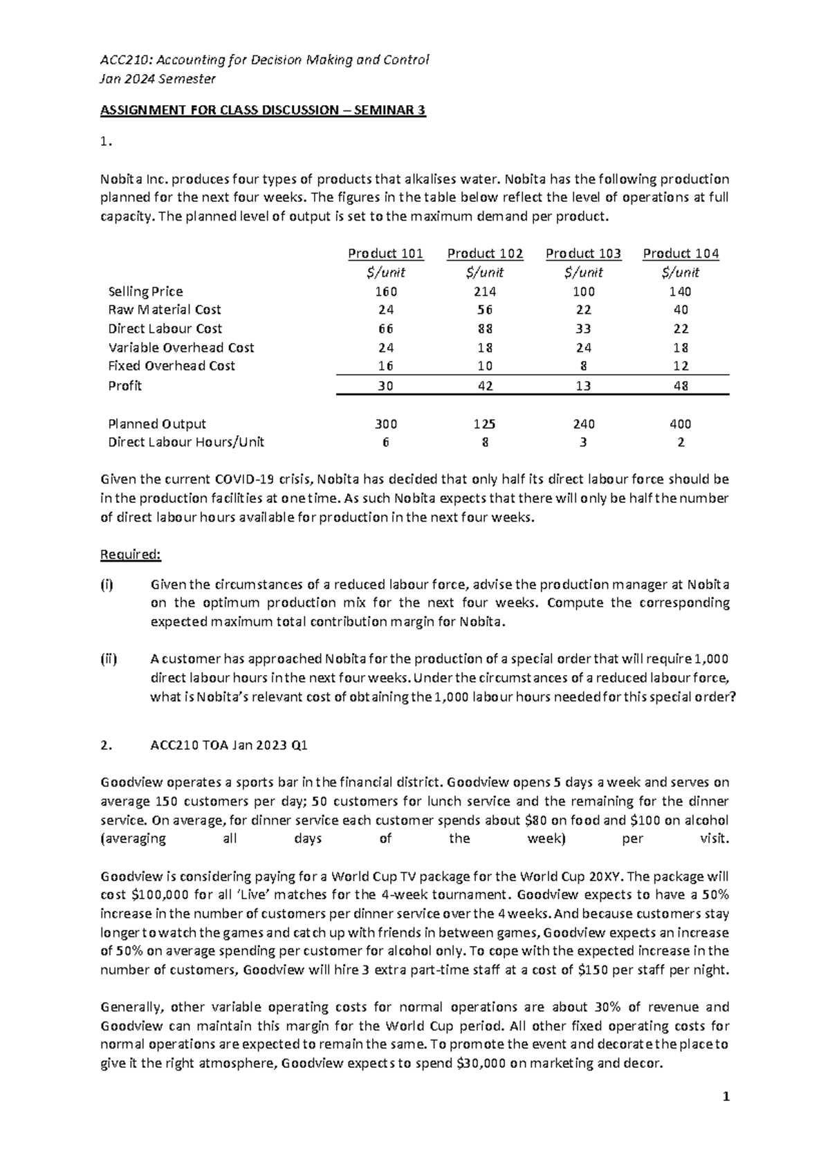 ACC210 Assignment Qns for Seminar 3 - Jan 2024 Semester - Studocu