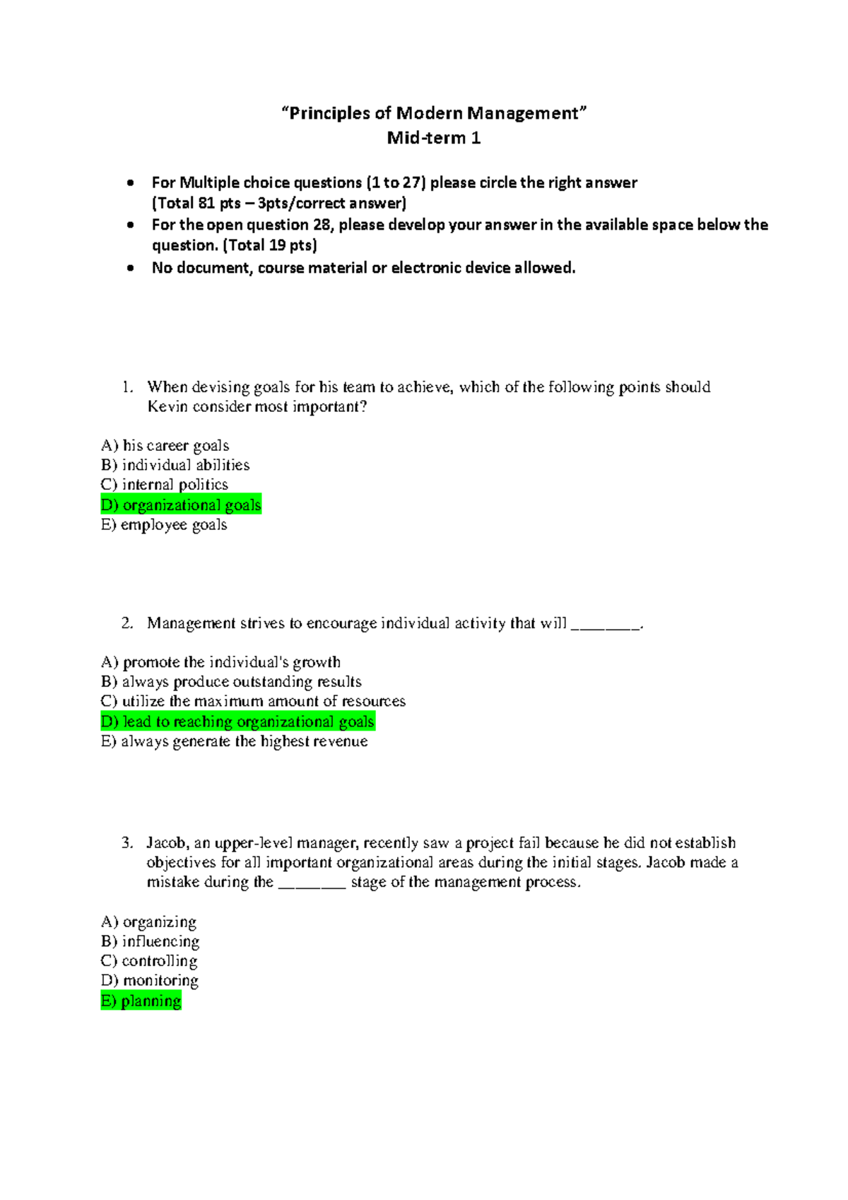 Midterm 1 - Principles of Modern Management Corrections - Studocu