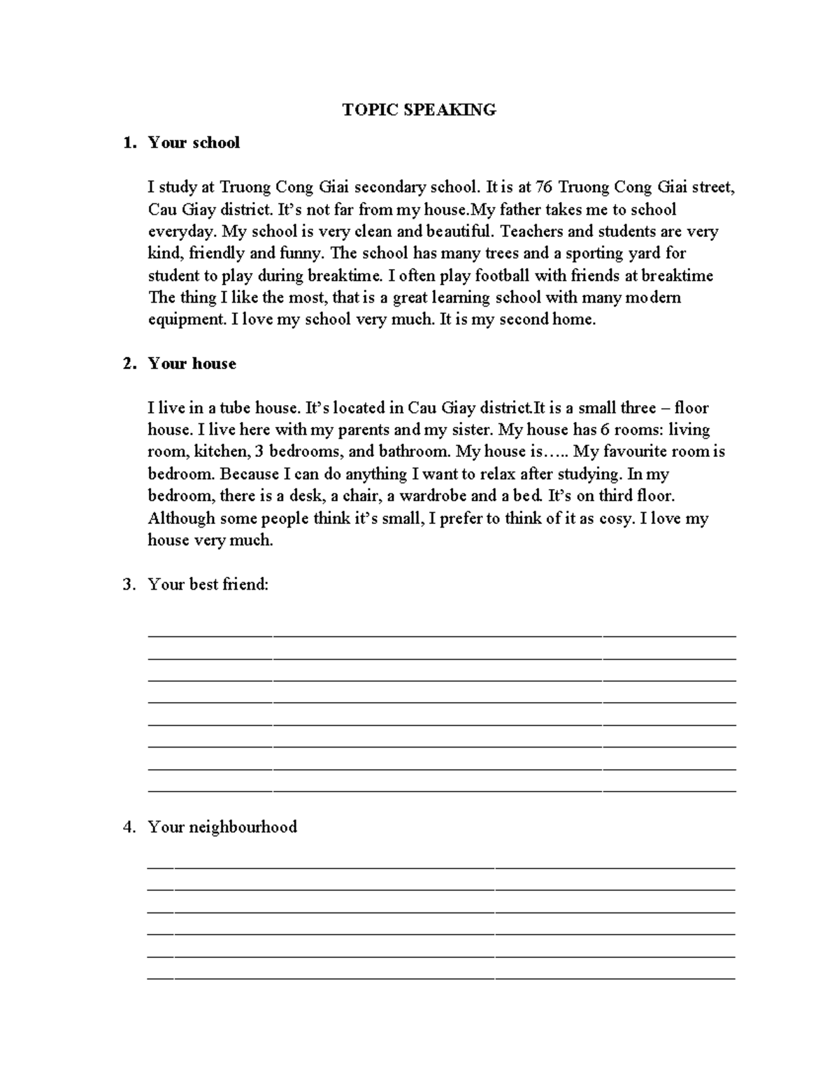 Topic Speaking 1: My School, House, and Best Friend - Studocu