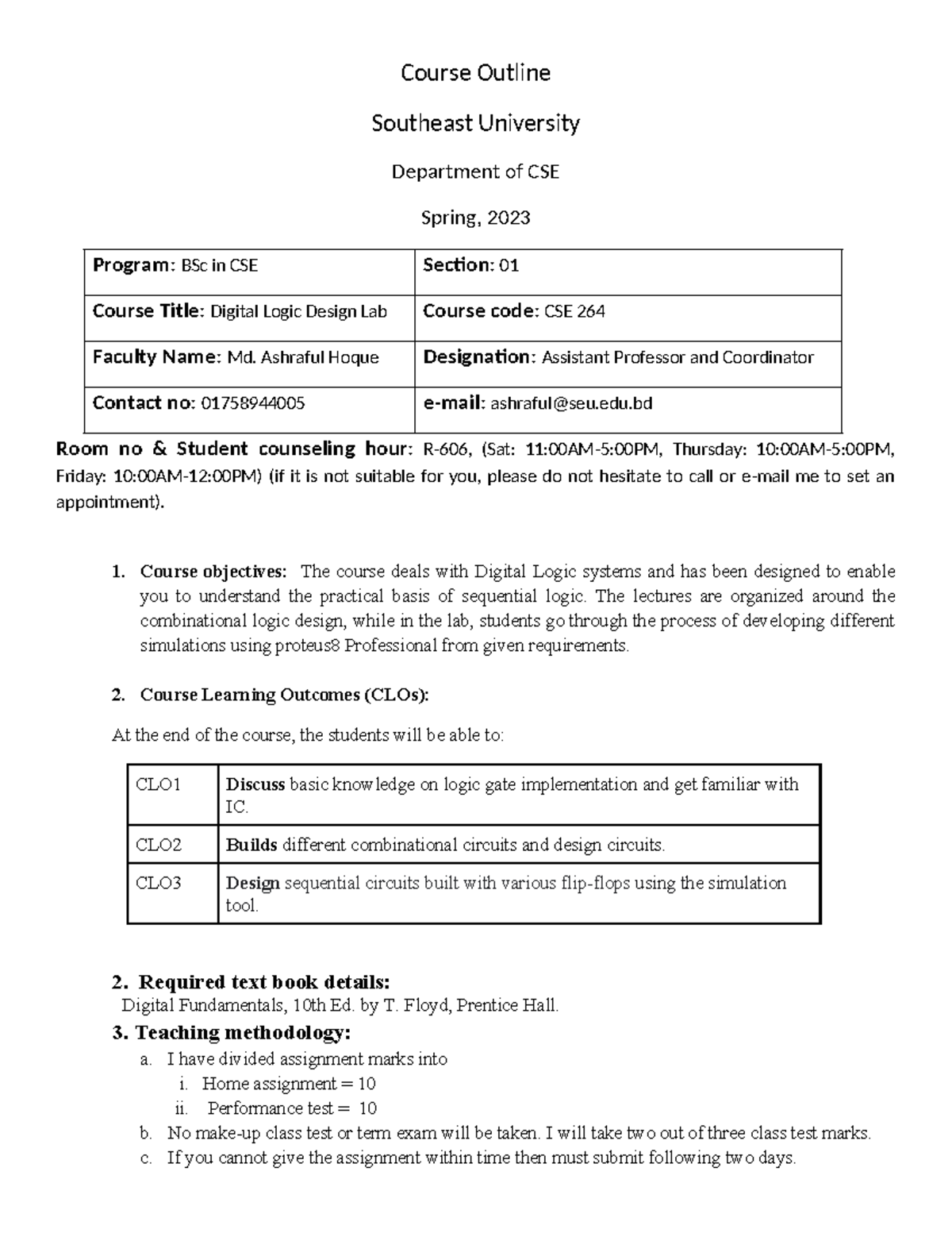 CSE 264 Digital Logic Design Lab Course Outline - Spring 2023 - Studocu