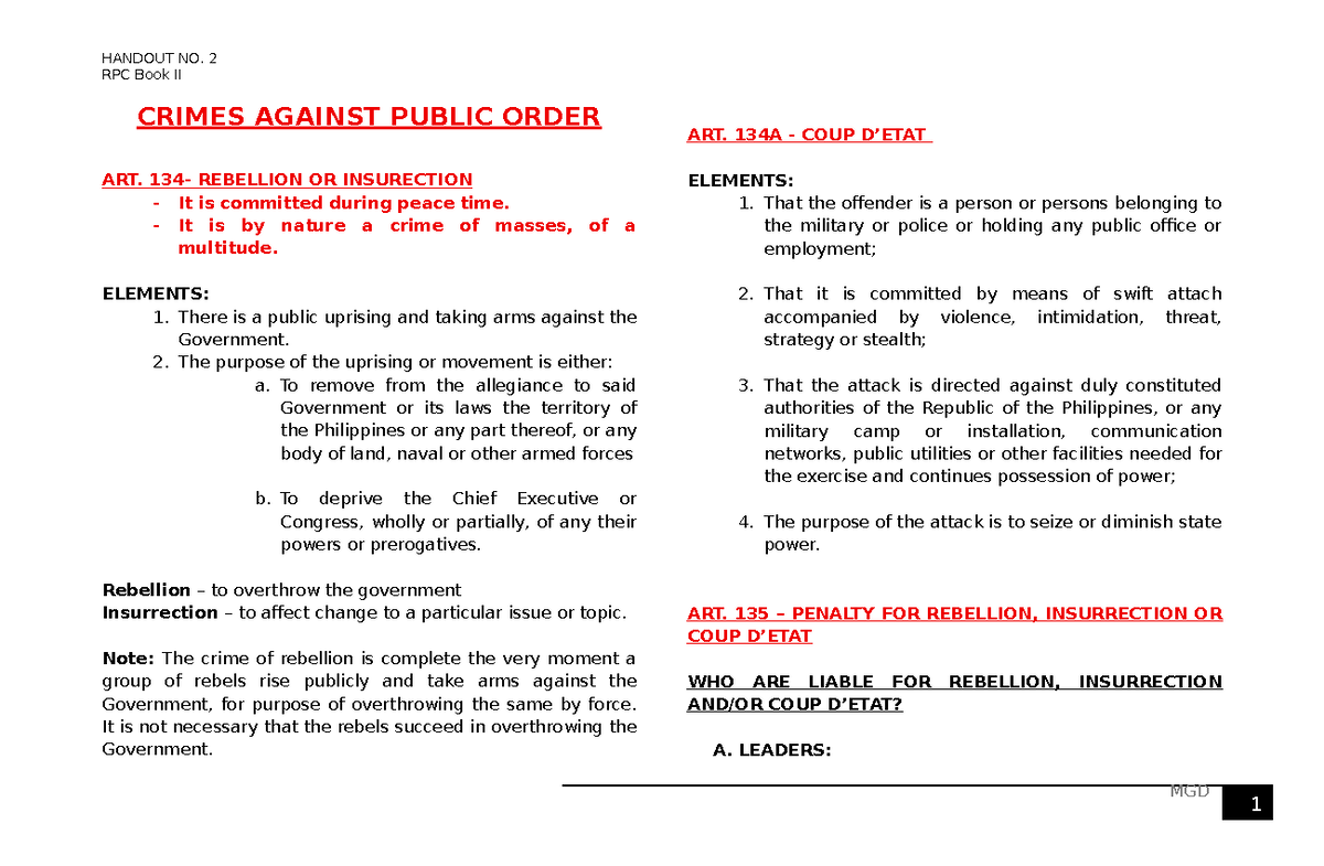 Handout No. 2: Elements of Crimes Against Public Order (RPC Book II ...