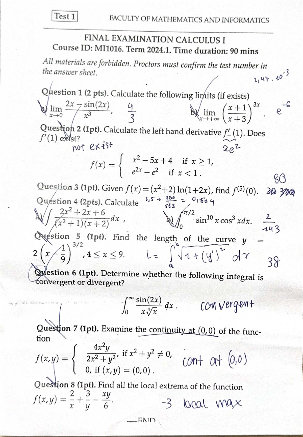 Final Exam MI1016 Calculus I - Test 1 Questions and Solutions - Studocu
