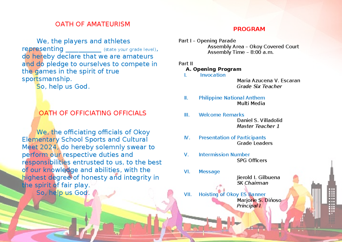 Okoy ES Sports Meet Program 2024: Oaths & Events Schedule - Studocu