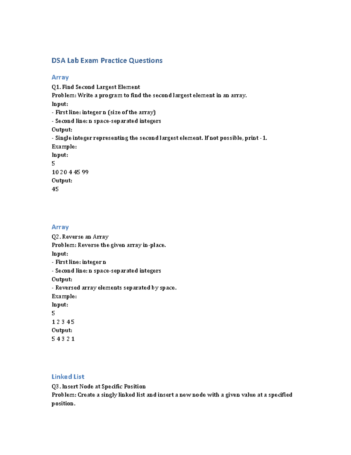 DSA Lab Exam Practice Questions: Arrays, Linked Lists, Stacks, and More ...