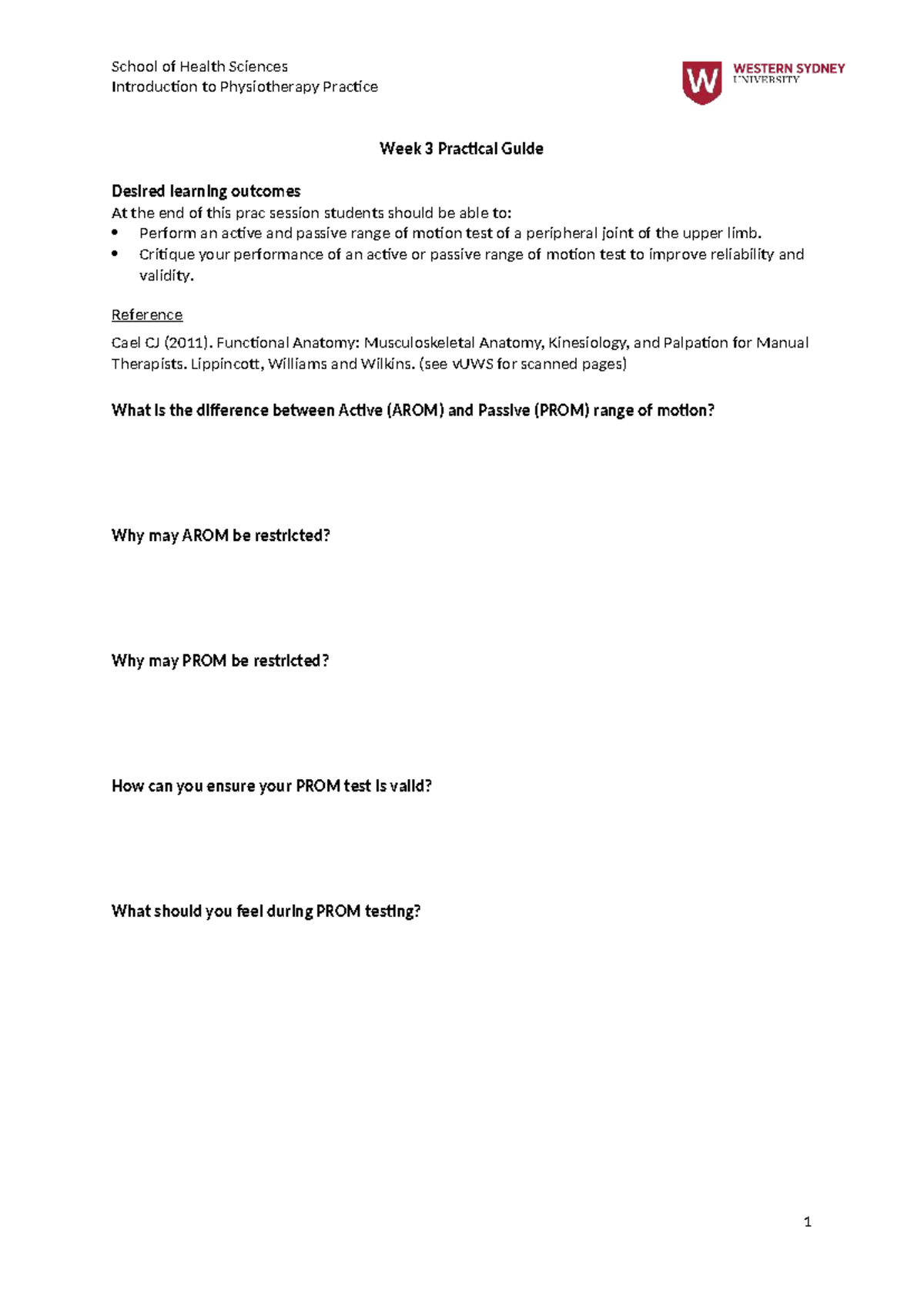 Practical Guide for Week 3: Joint ROM in Physiotherapy Practice - Studocu