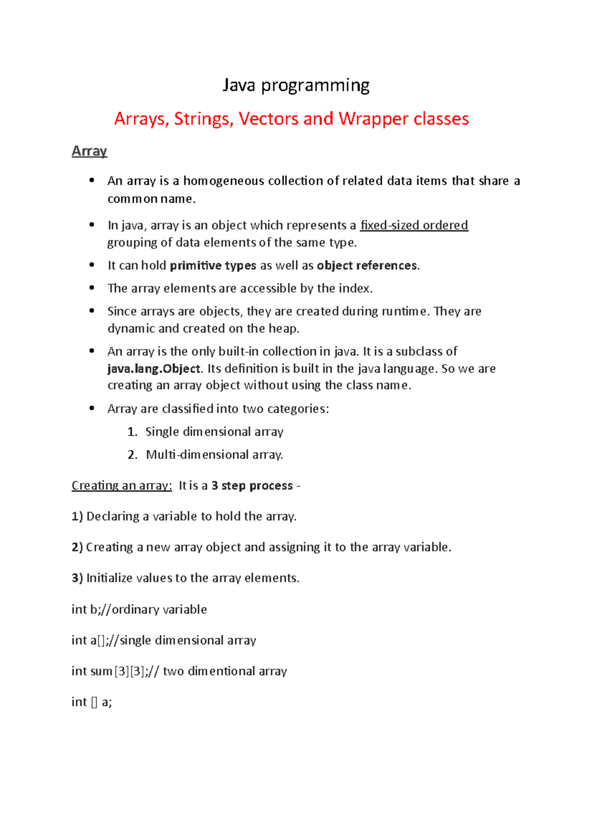 Java Programming: Arrays, Strings, and Vectors - Study Notes - Studocu