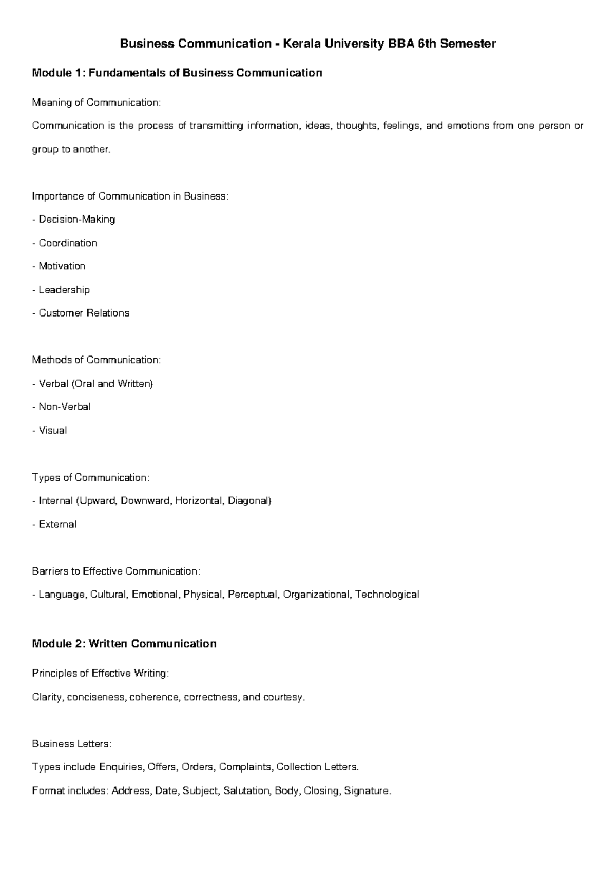 Kerala University BBA Sem 6 Business Communication Study Notes - Studocu