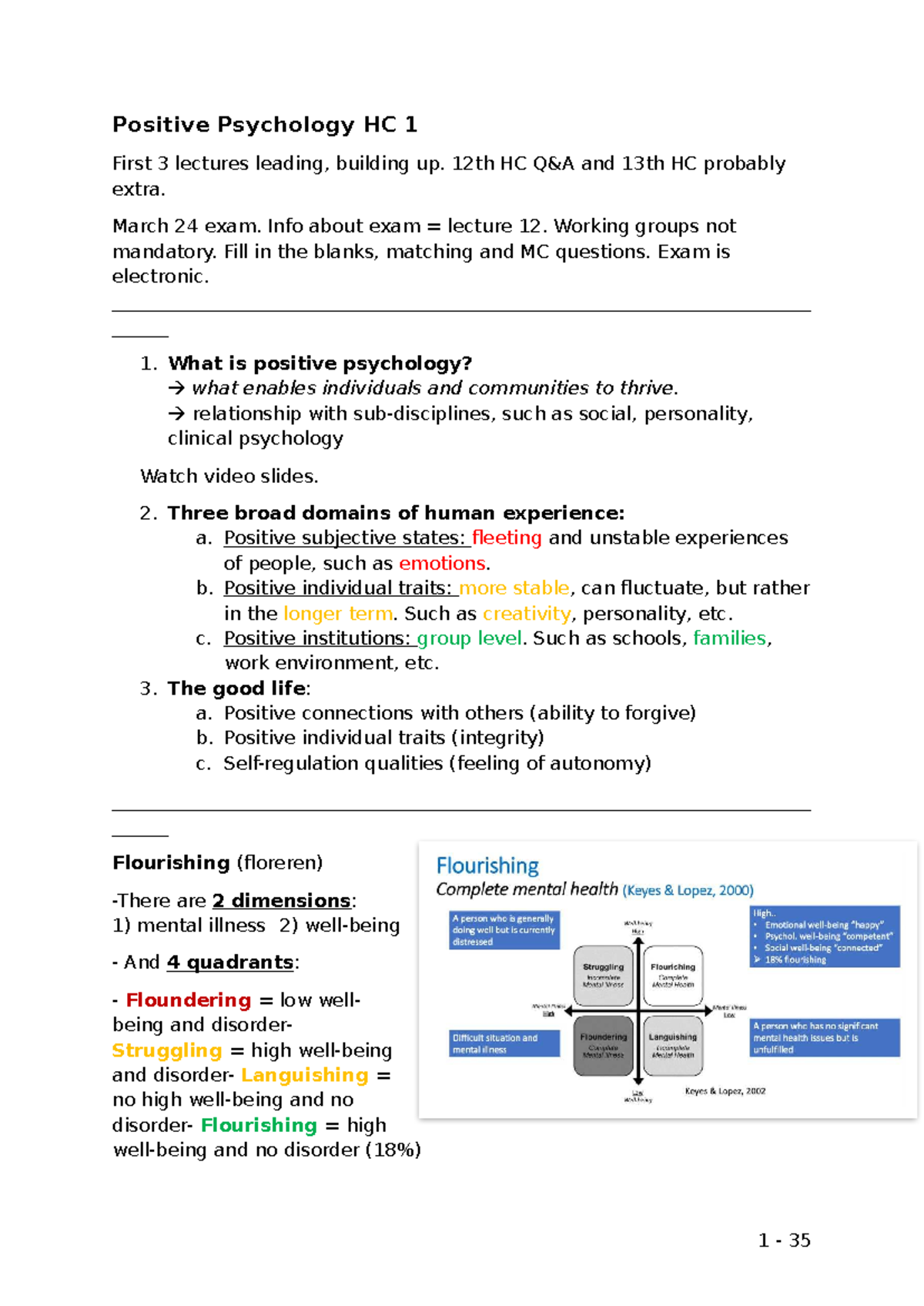 Positive Psychology HC 1: Key Concepts from Lectures 1-5 for March Exam ...