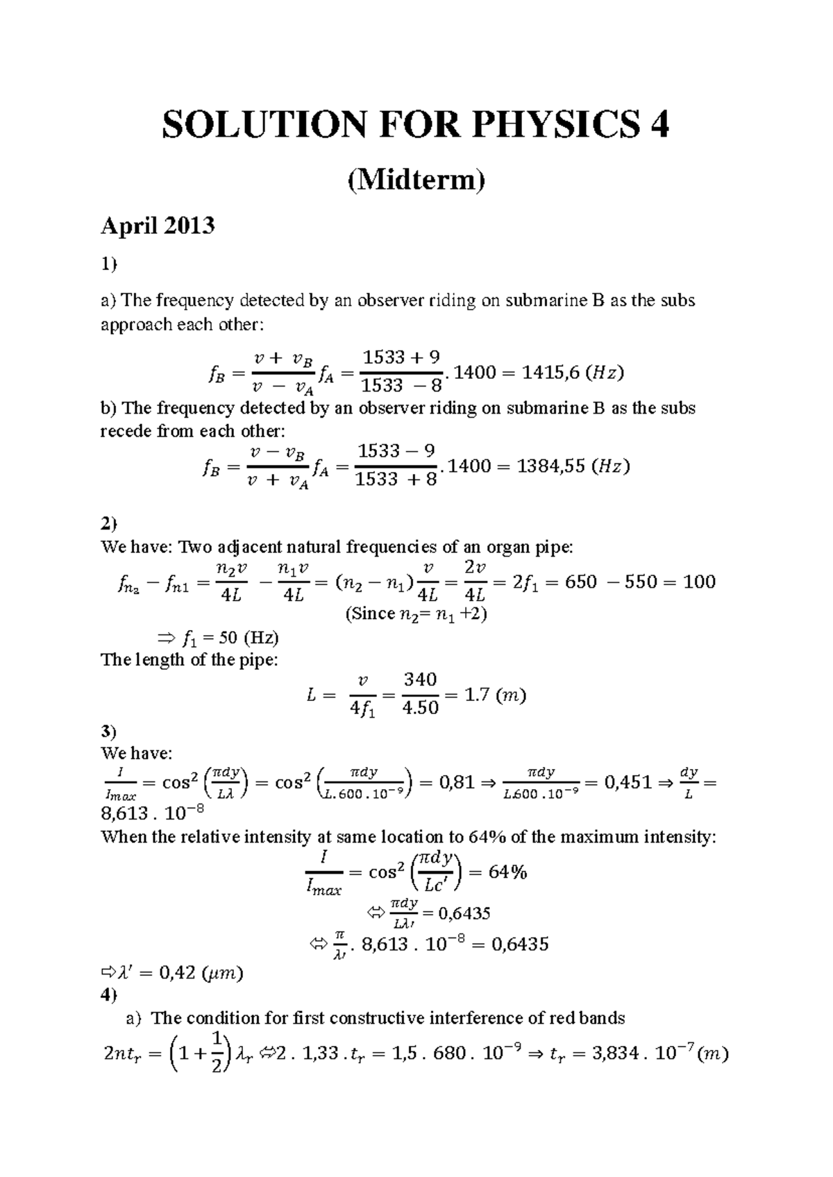 Solution Phy4 Midterm - phy4 - SOLUTION FOR PHYSICS 4 (Midterm) April ...