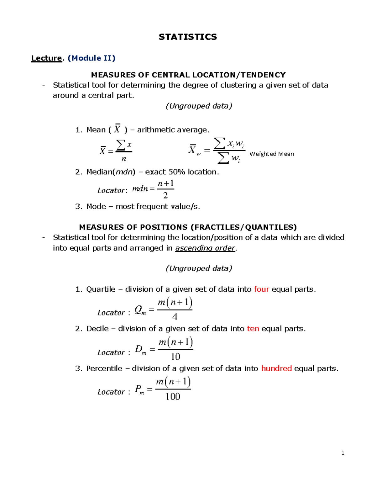 Statistics - Module 2 - lcvmlckmsdlvms - STATISTICS Lecture. (Module II ...
