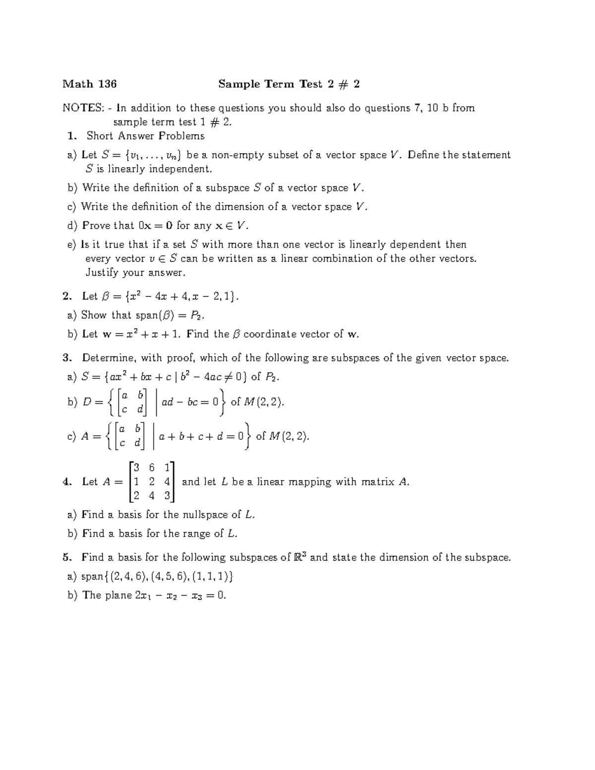 MATH 136 Sample Final Exam - Linear Algebra 1 (Spring 2025) - Studocu