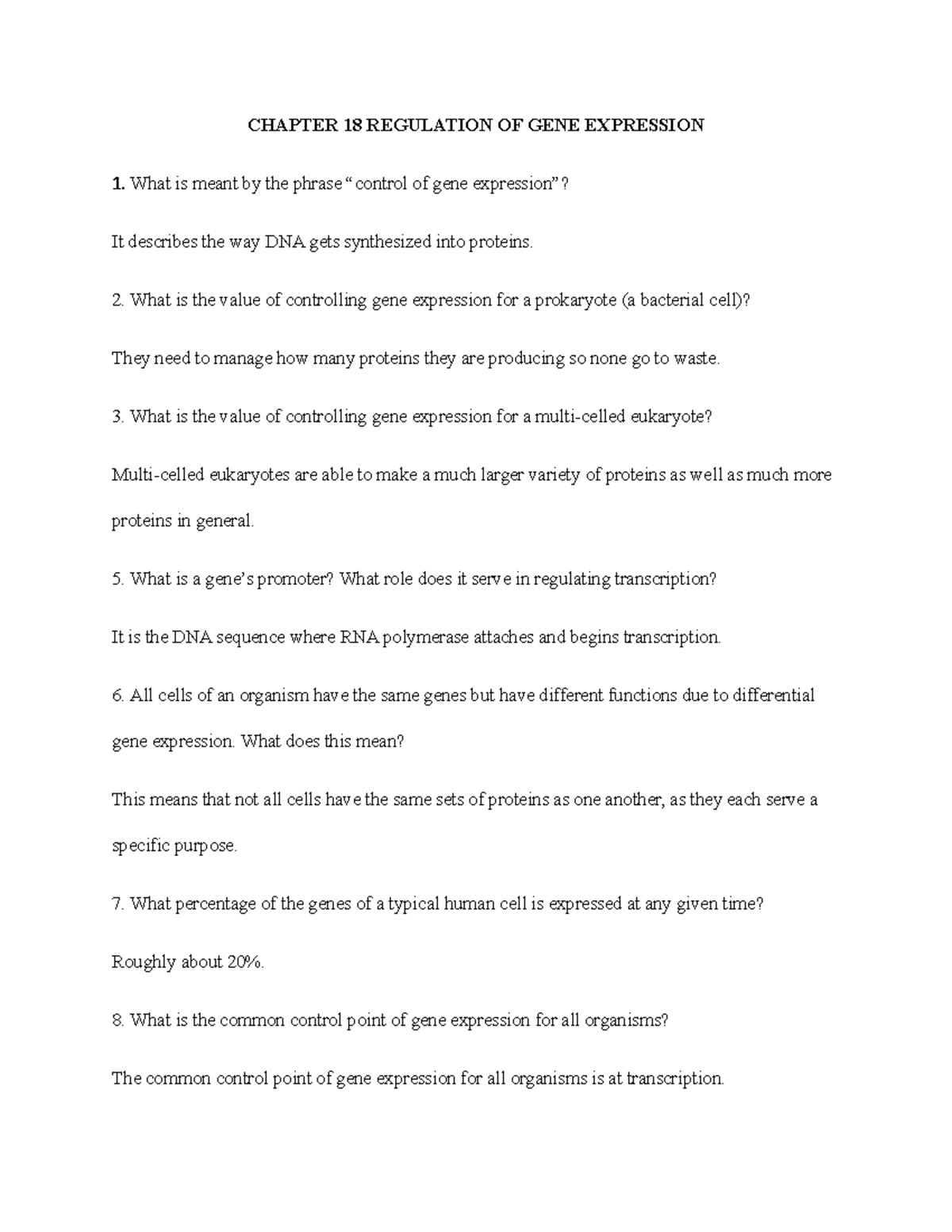 BIO 181, Chapter 18 Gene Expression Regulation Study Guide - Studocu