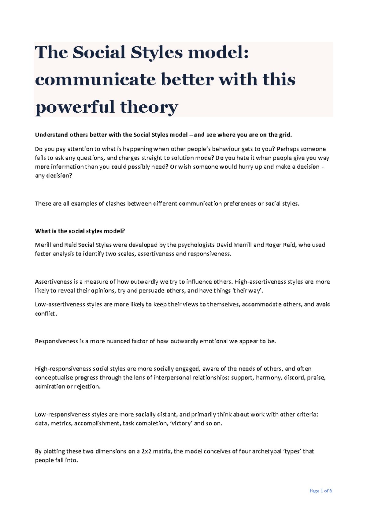 Understanding the Social Styles Model: A Communication Guide - Studocu