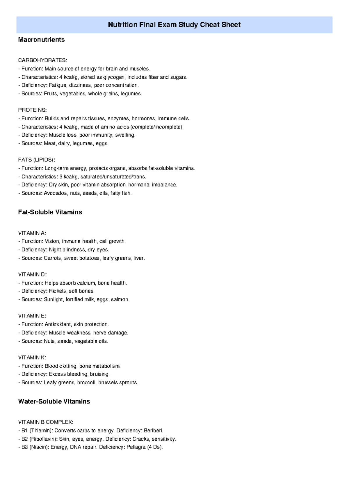 Nutrition Final Exam Study Guide: Macronutrients & Vitamins - Studocu