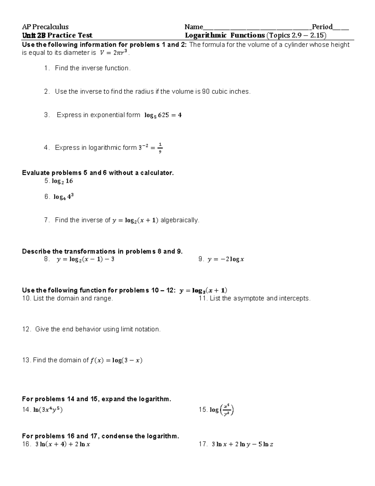 AP Precalculus U02B Practice Test on Logarithmic Functions - Studocu
