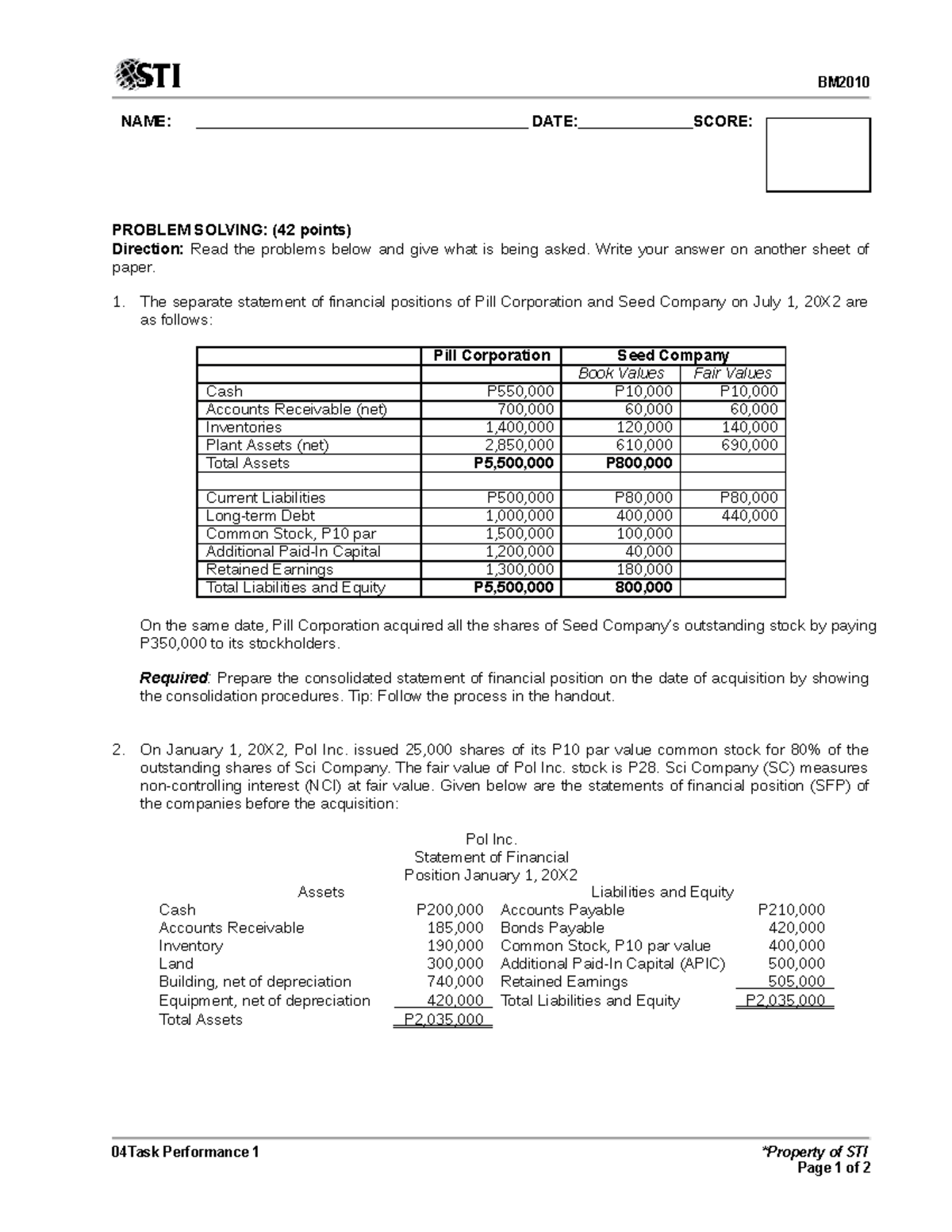 04 Case Study: Consolidated Financial Position Preparation - Studocu
