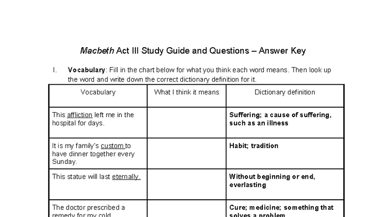 Macbeth Act III Study Guide: Vocabulary and Key Questions - Studocu