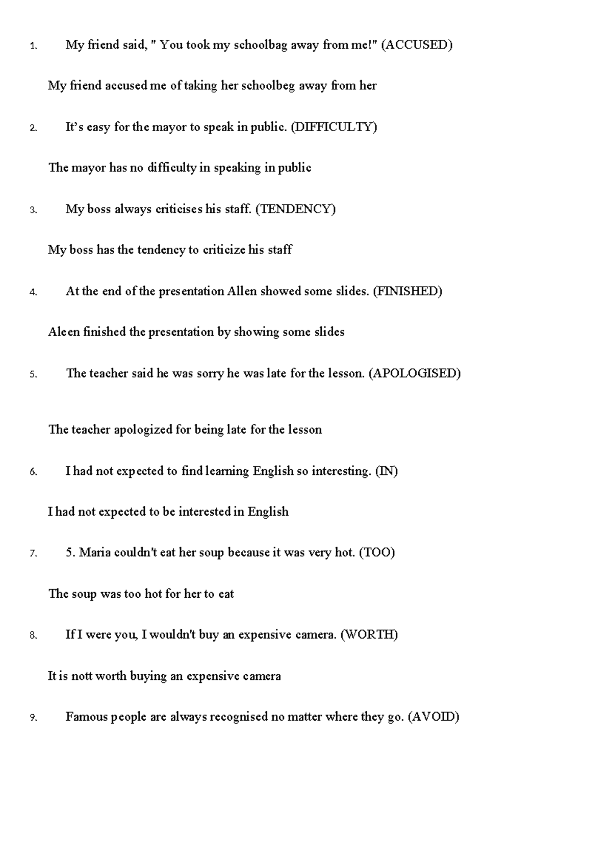 Review of Corrected Sentences (ACCUSED, DIFFICULTY, TENDENCY, FINISHED ...