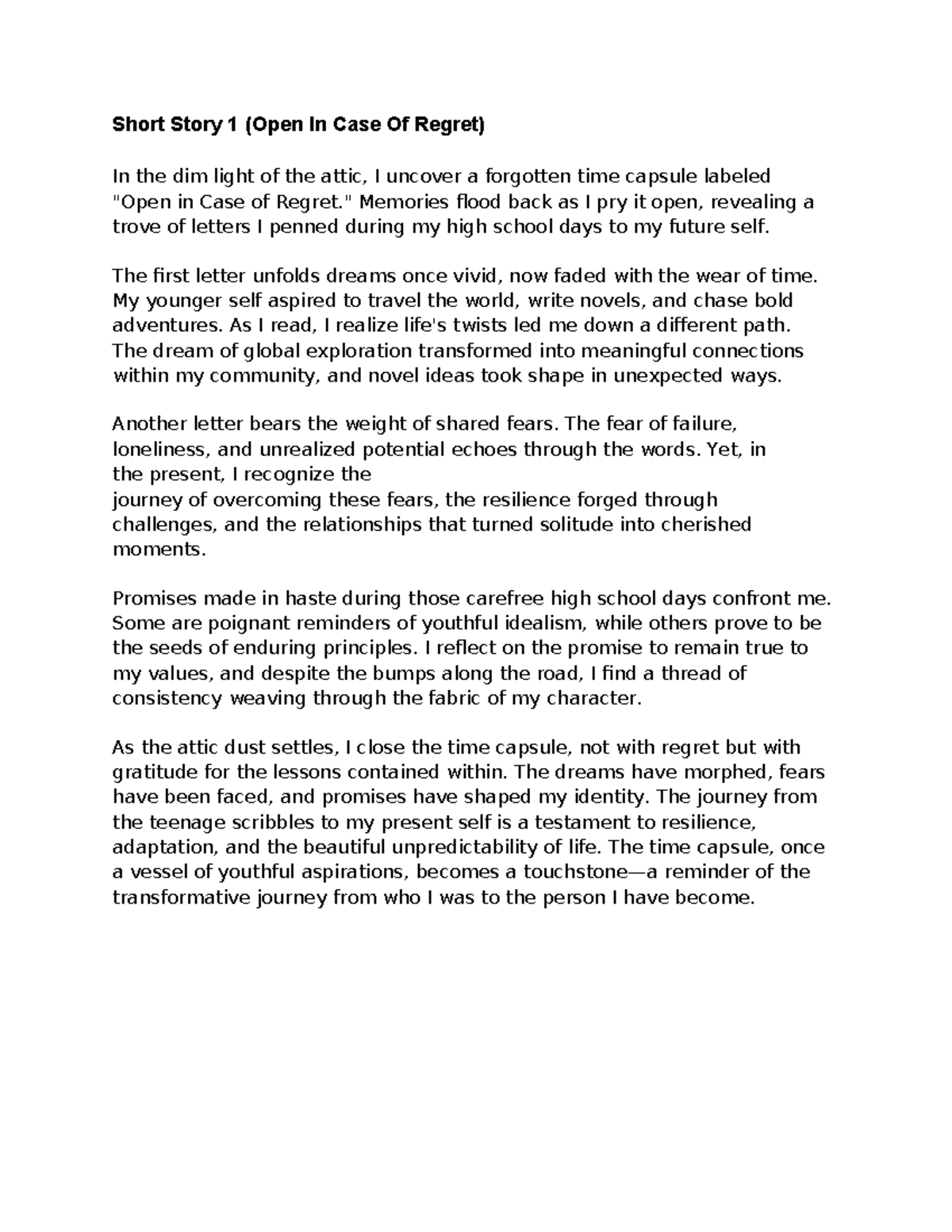 LCC 111 Writing - CSC - Short Story 1 (Open In Case Of Regret) In the ...