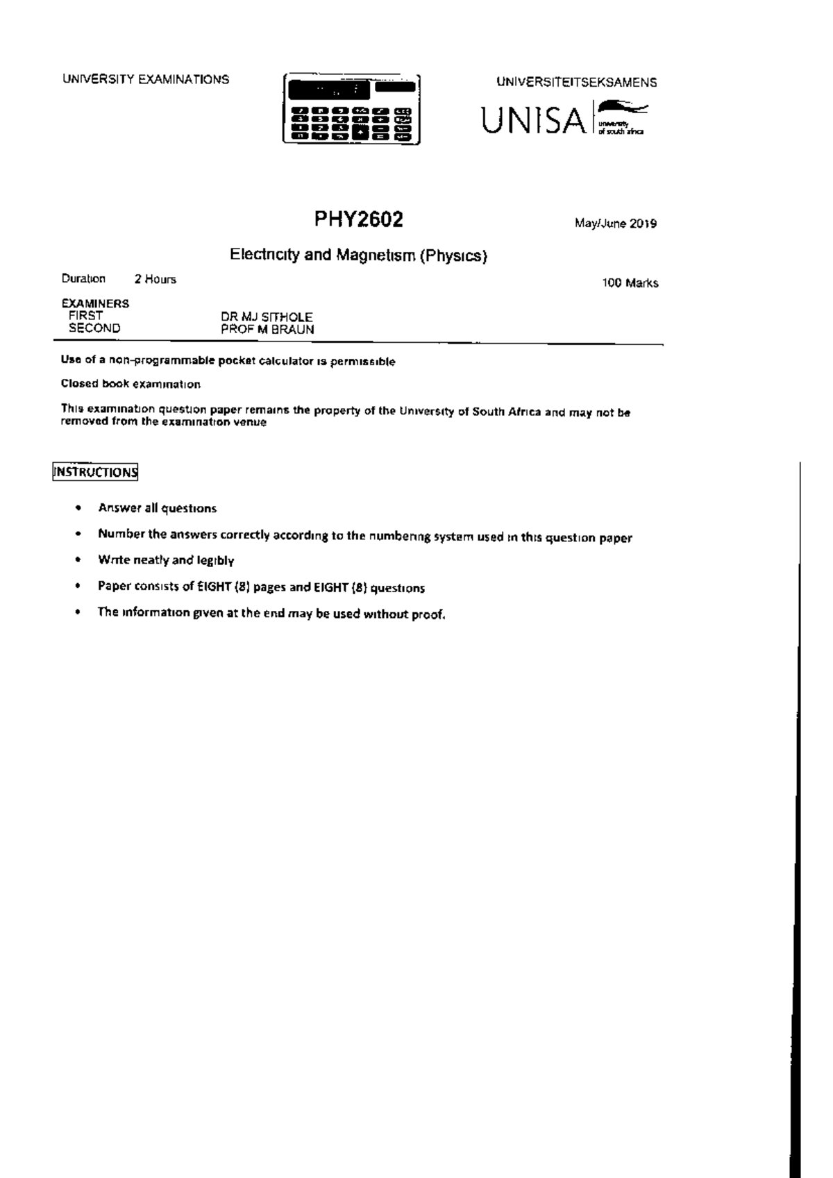 PHY2602 Final Exam Question Paper - Oct/Nov 2019 - Studocu