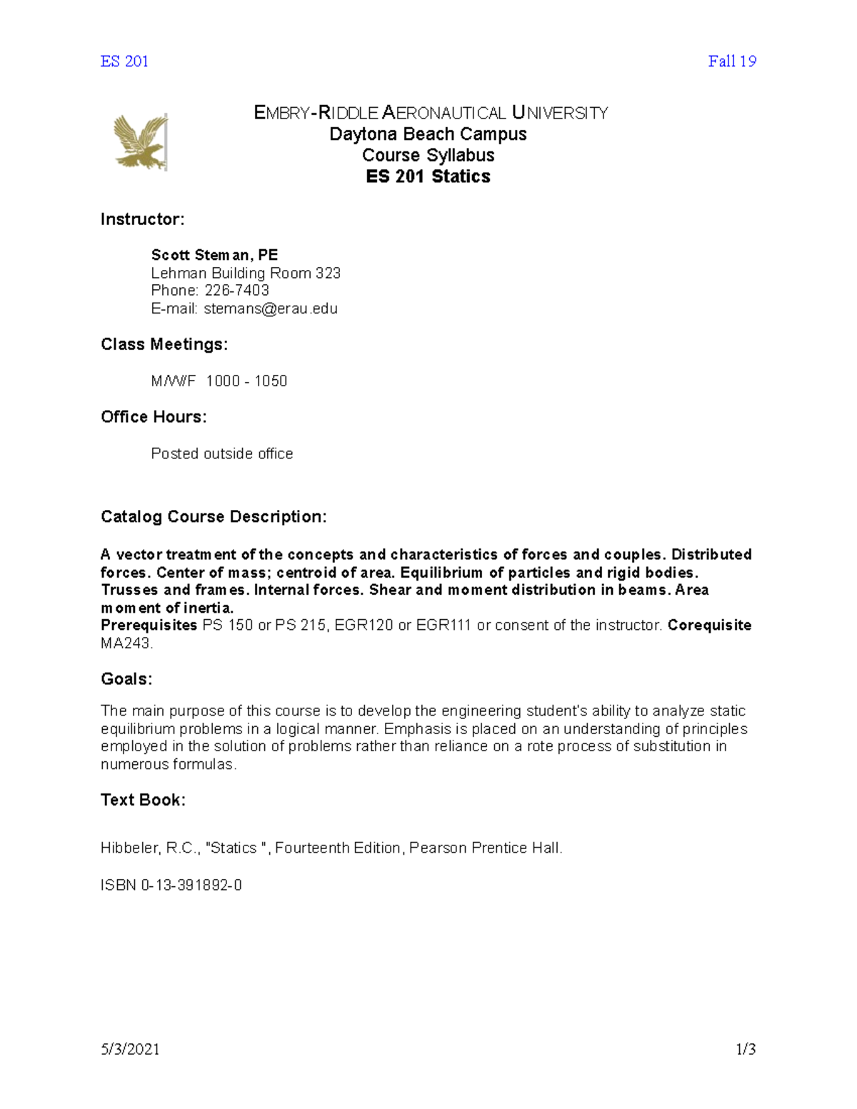 ES 201 Statics Fall 2019 - Course Syllabus and Grading Policy - Studocu