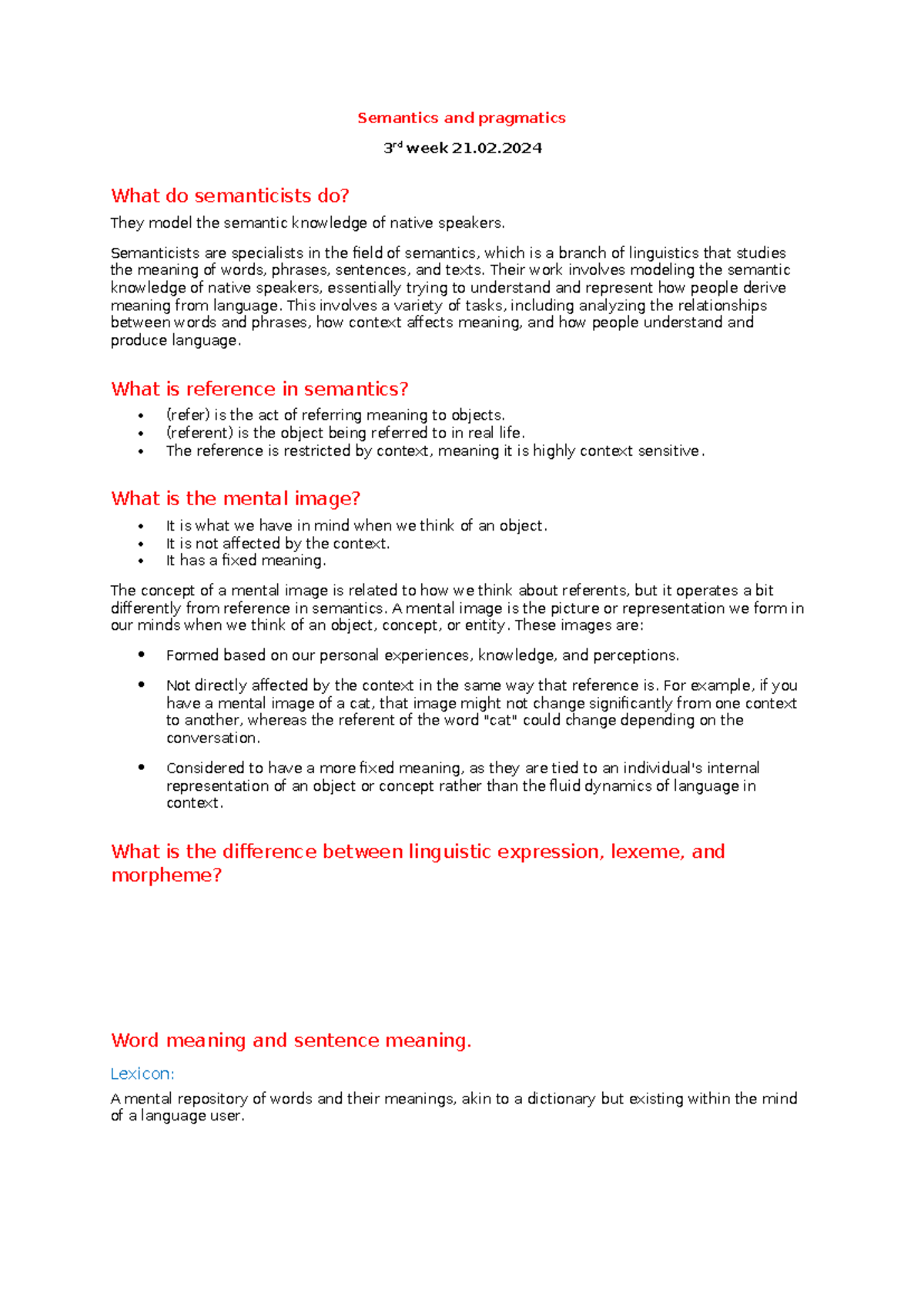 Semantics and pragmatics week 3: Reference, sense, and mental images ...