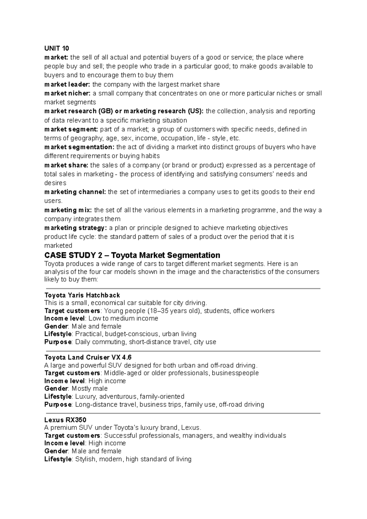 UNIT 10 - Market Segmentation Case Study: Toyota Analysis - Studocu