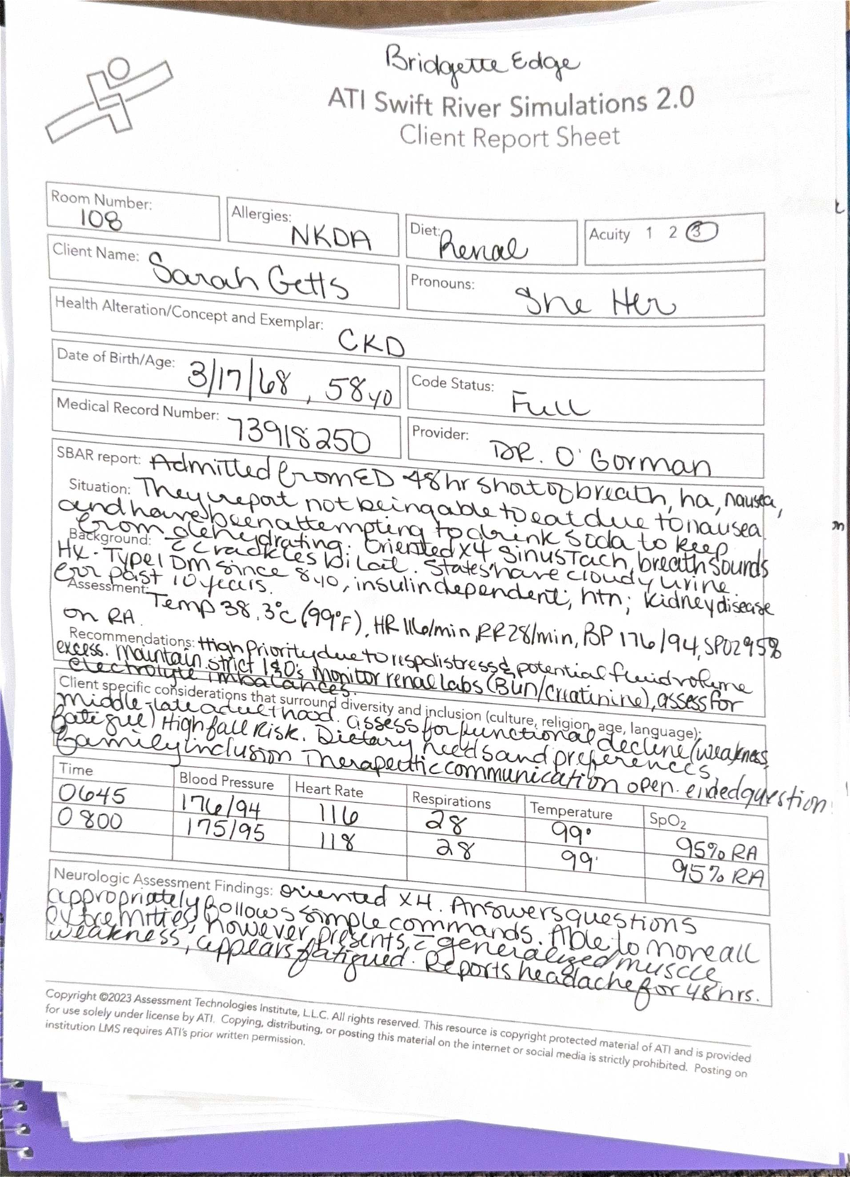 Swift River 2.0 Clinical Simulations Client Report Sheet - Studocu