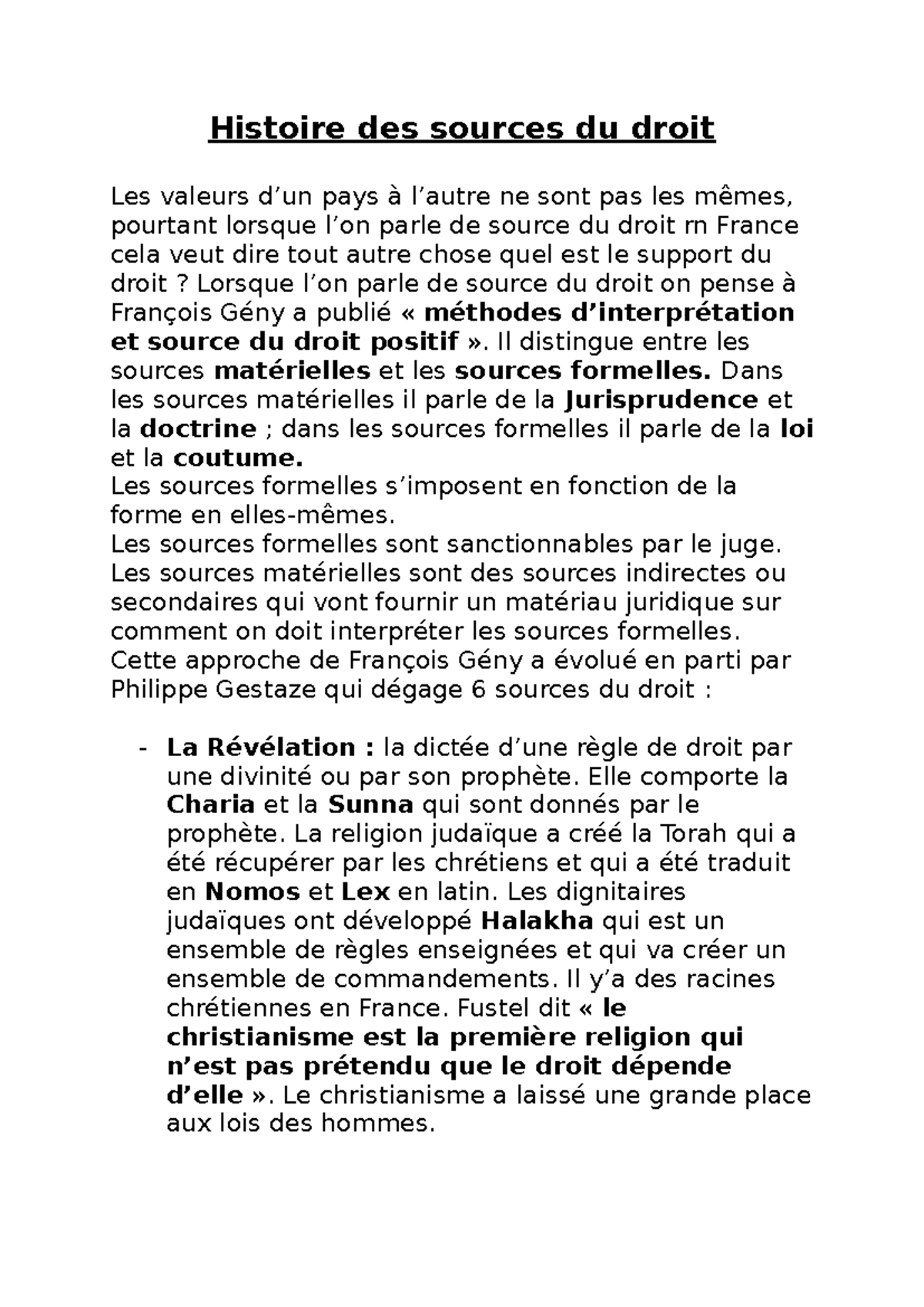 Histoire des Sources du Droit : Analyse des Valeurs et Évolutions - Studocu