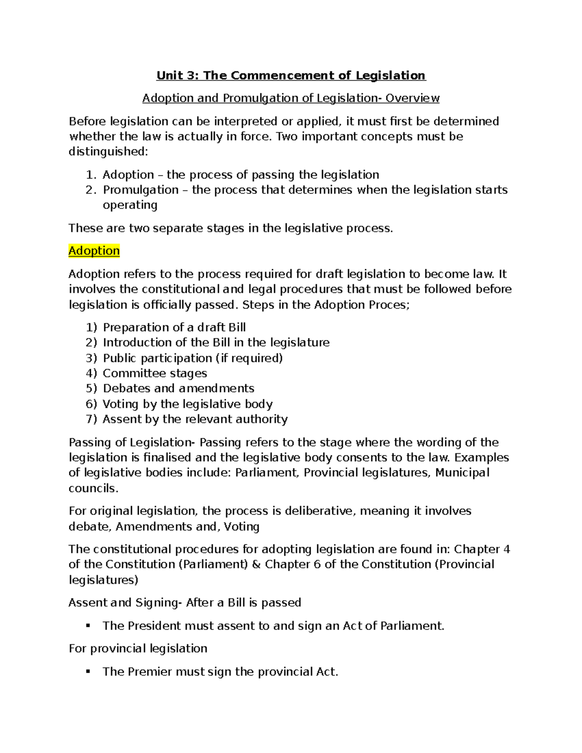Unit 3: Overview of Legislation Adoption and Promulgation Process - Studocu