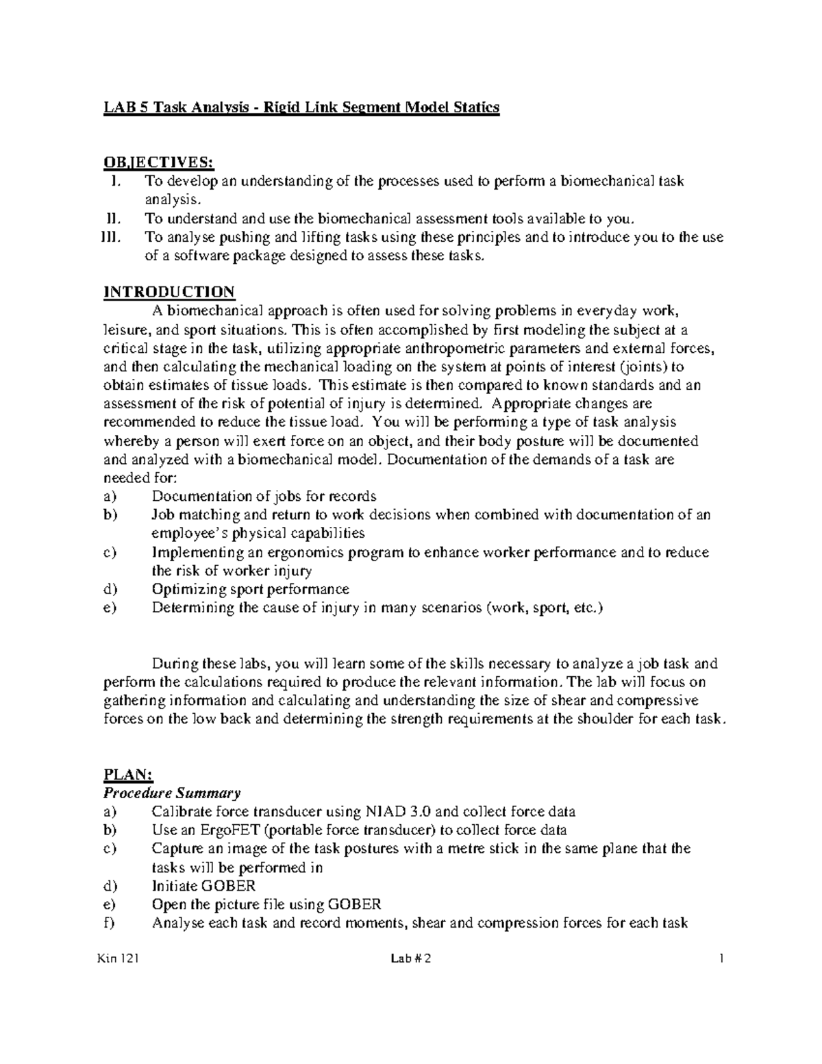 KIN121 Lab #5 Fall 2021 - Rigid Link Segment Model Statics Analysis ...