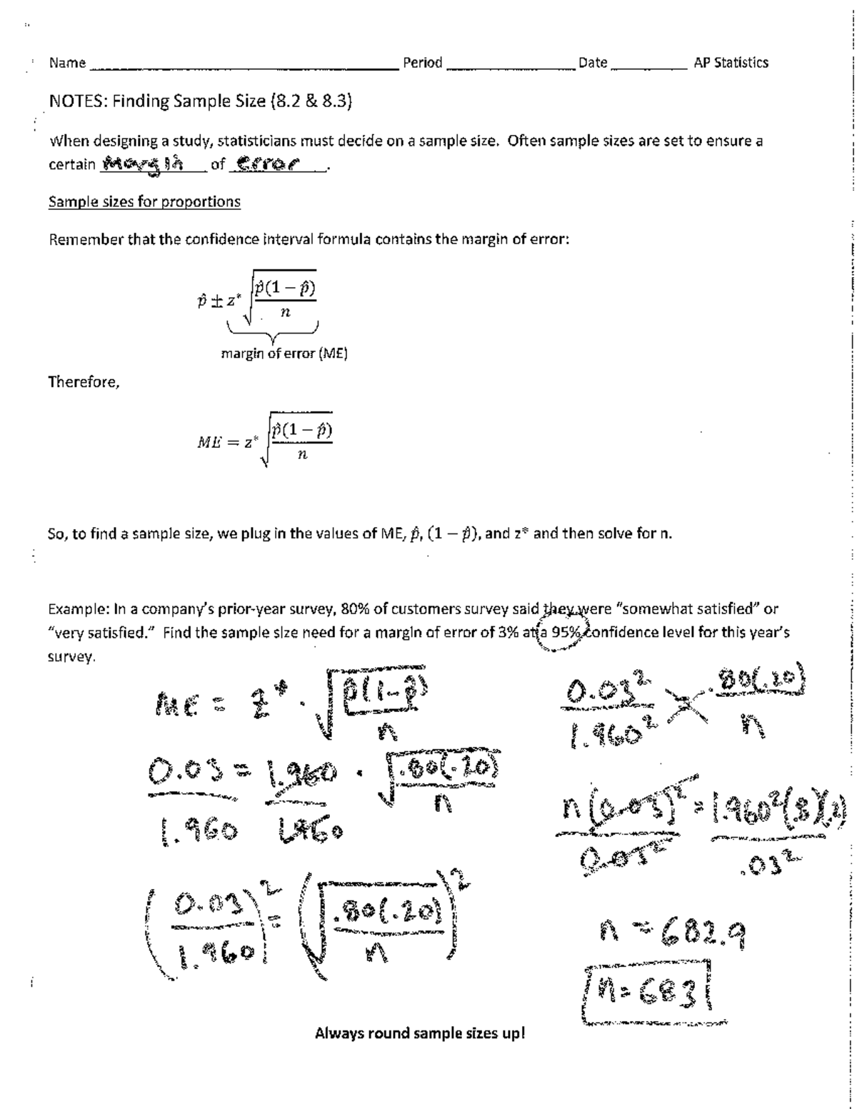 Completed Notes - Copy - Name Period Date AP Statistics NOTES: Finding ...