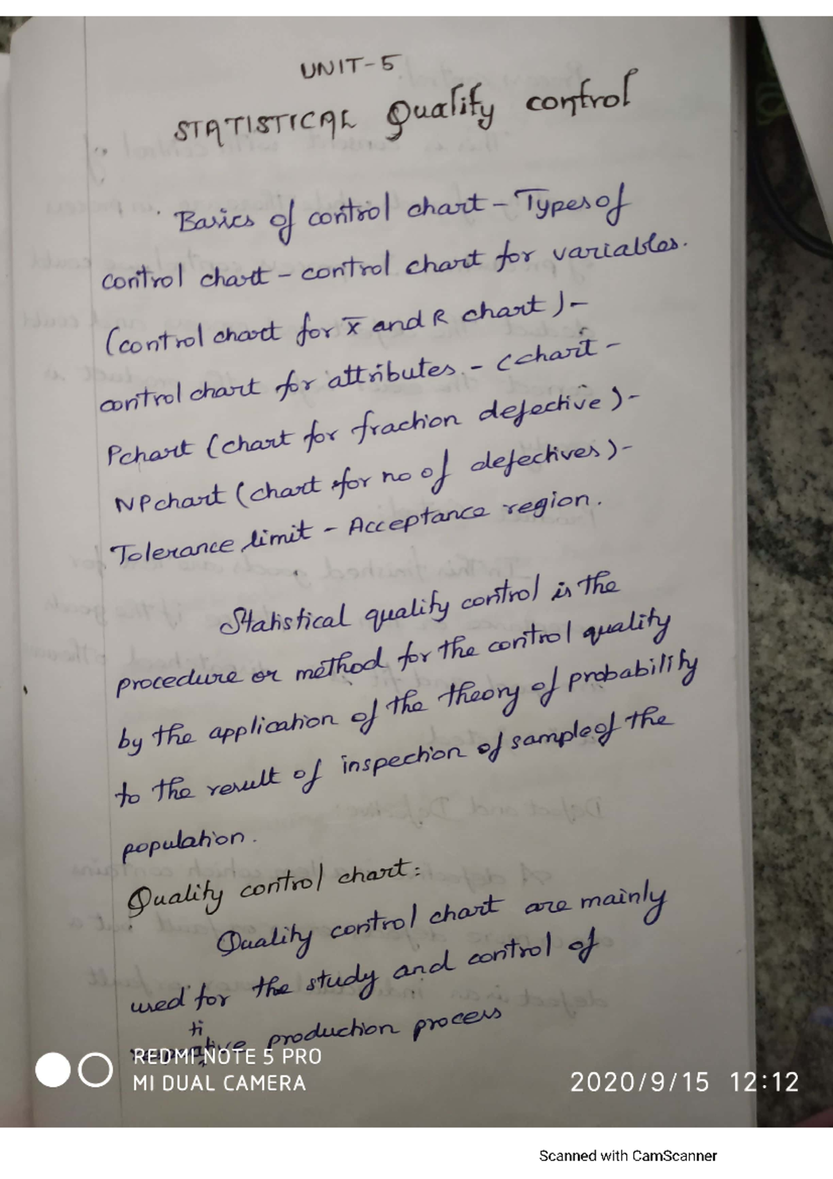 Statistical Quality Control Unit 5 Lecture Notes Statistical Control