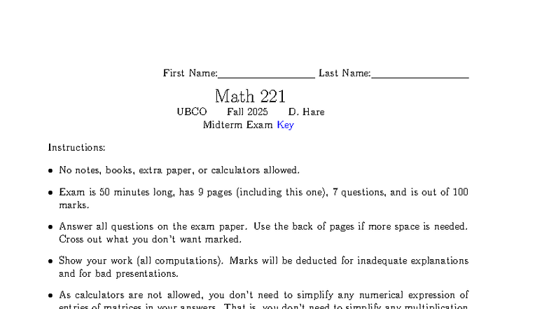 Math 221 UBCO Fall 2025 Midterm Exam Key and Instructions - Studocu