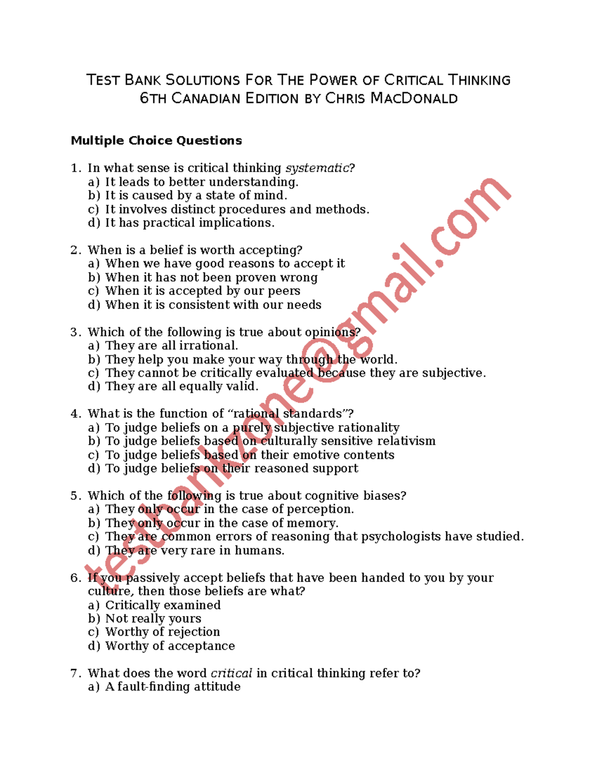 TEST BANK SOLUTIONS FOR THE POWER OF CRITICAL THINKING 6TH CANADIAN ...