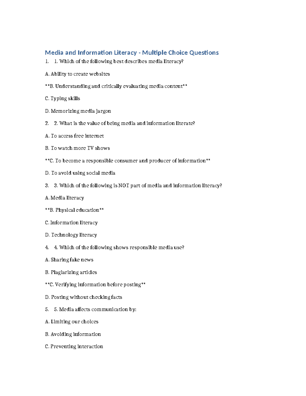 MIL Multiple Choice Questions: Media and Information Literacy Quiz ...