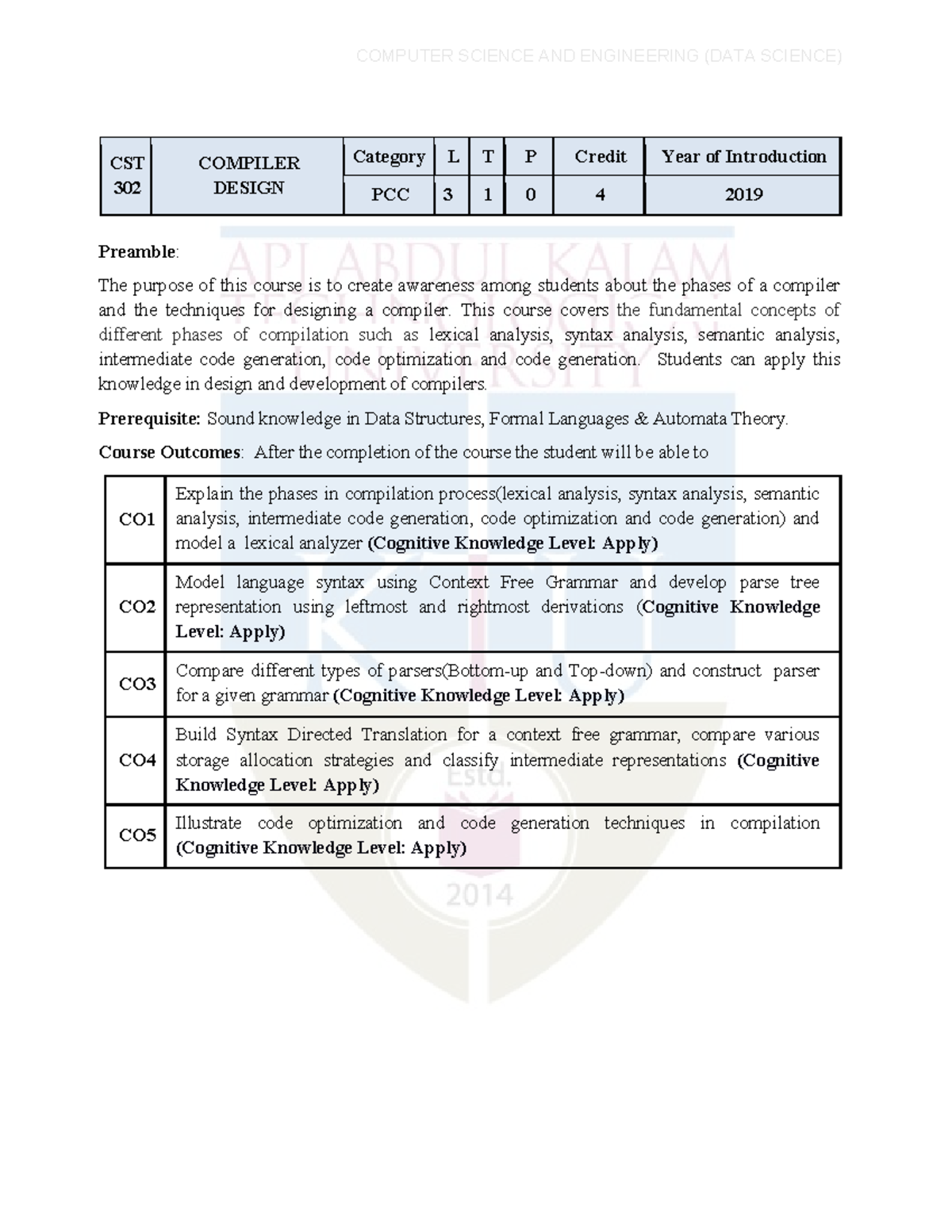 Syllabus for Compiler Design (CST 302) - Data Science Course - Studocu