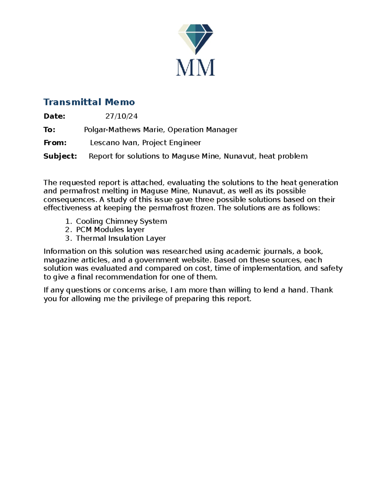 Report Draft tech comms - Transmittal Memo Date: 27/10/ To: Polgar ...